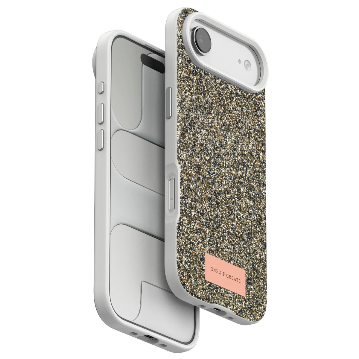Simli ve pembe etiketli gümüş iPhone kılıfı.