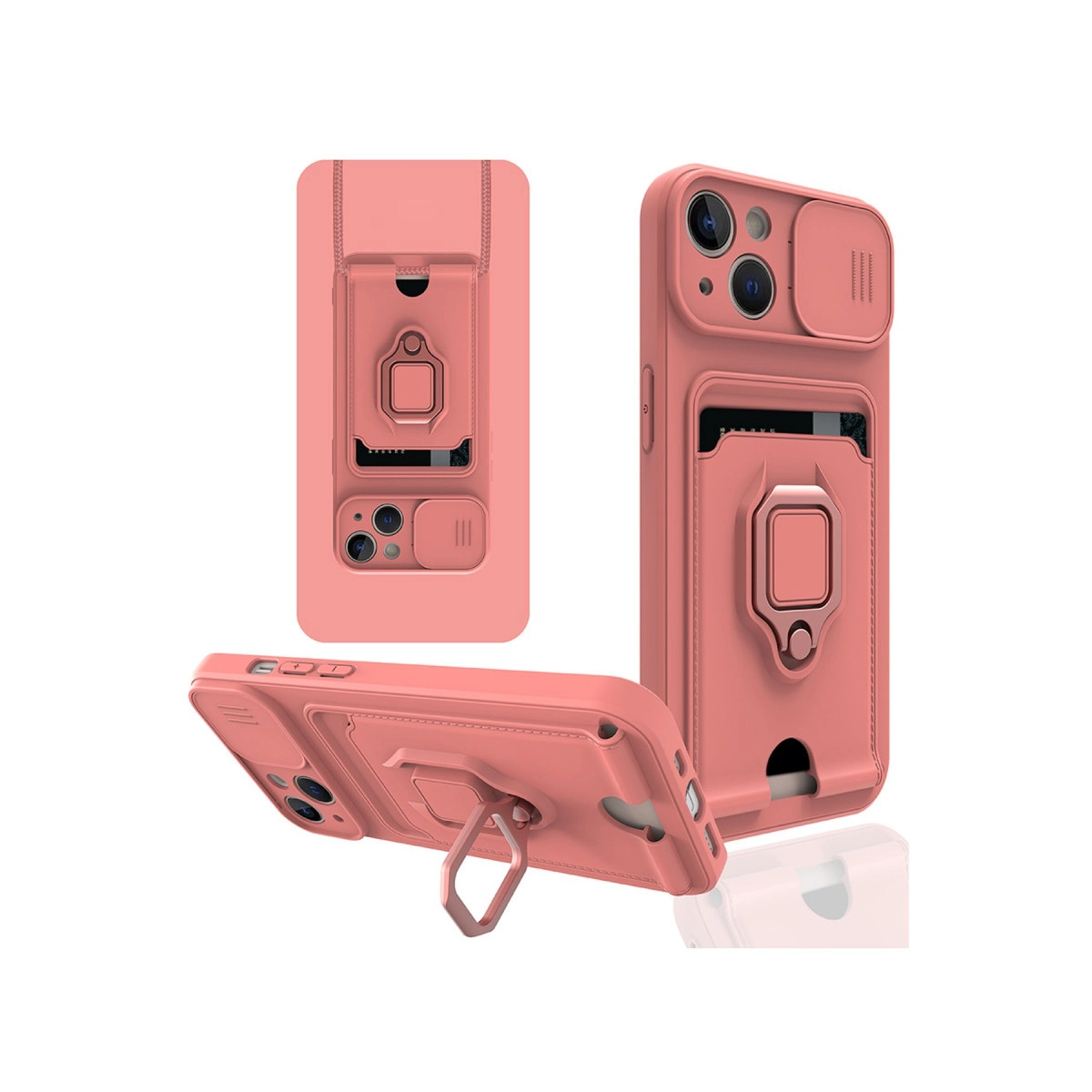 Kart tutuculu, halka standlı ve kamera kaydırıcılı mercan rengi telefon kılıfı.