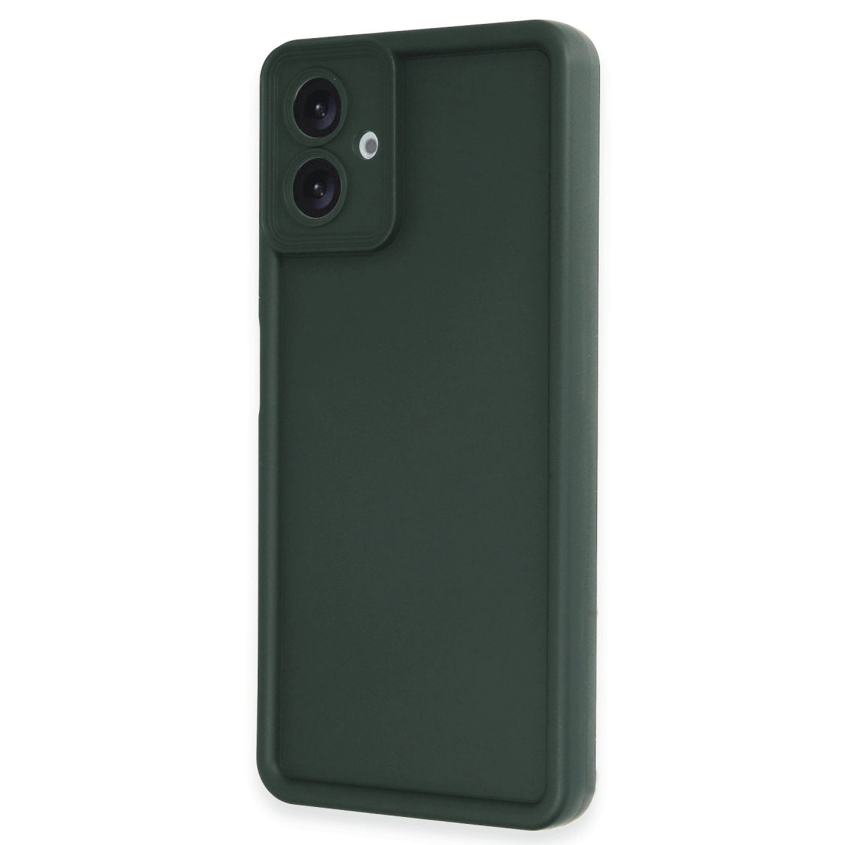 İki kamera lensli ve flaşlı koyu yeşil telefon kılıfı.