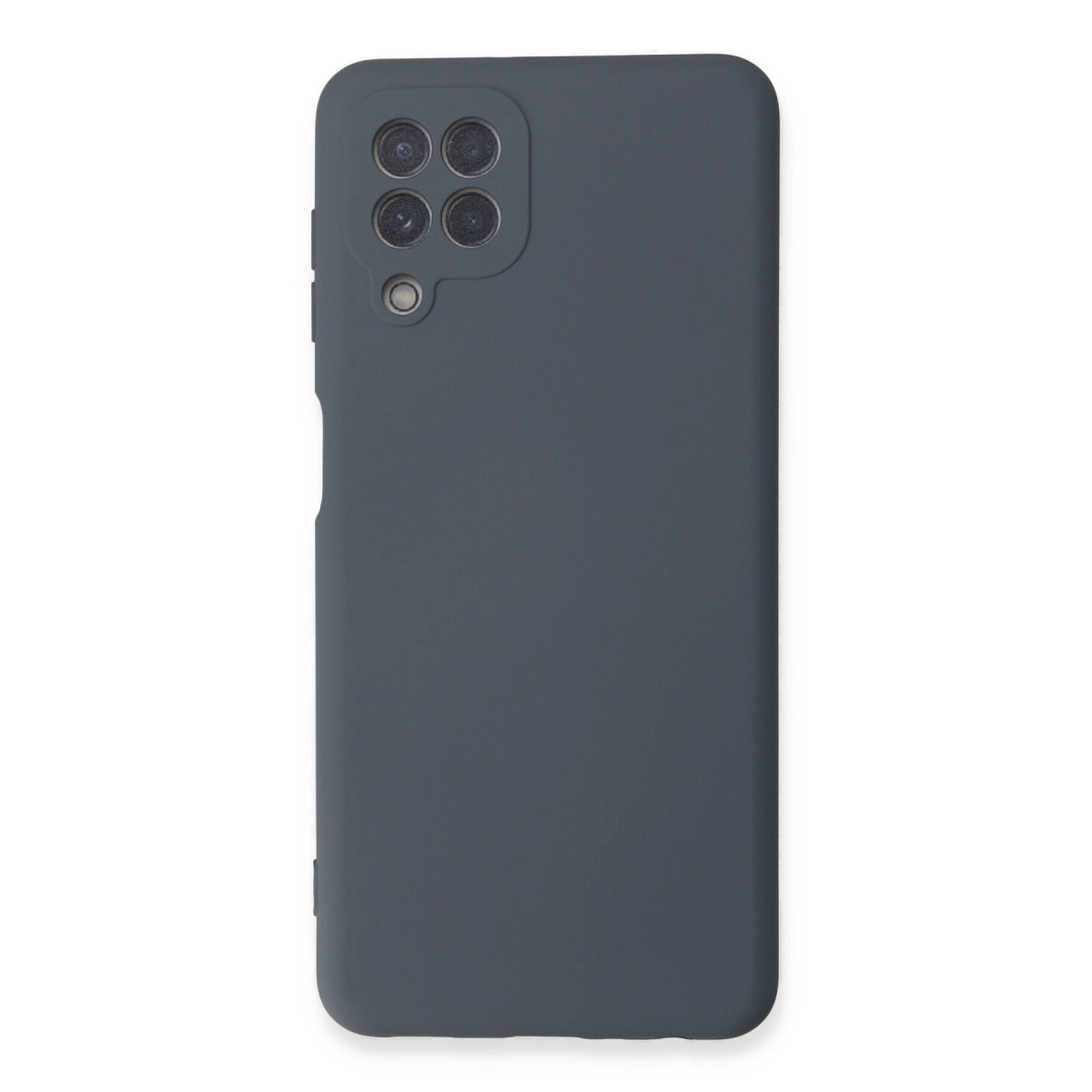 Dört lensli kare kamera modülüne sahip koyu gri telefon kılıfı.
