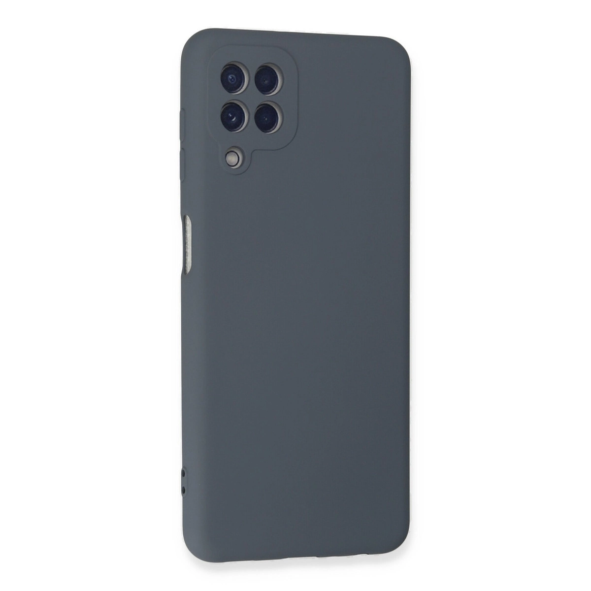 Dörtlü kamera kesimli koyu gri telefon kılıfı. Beyaz arka planda.