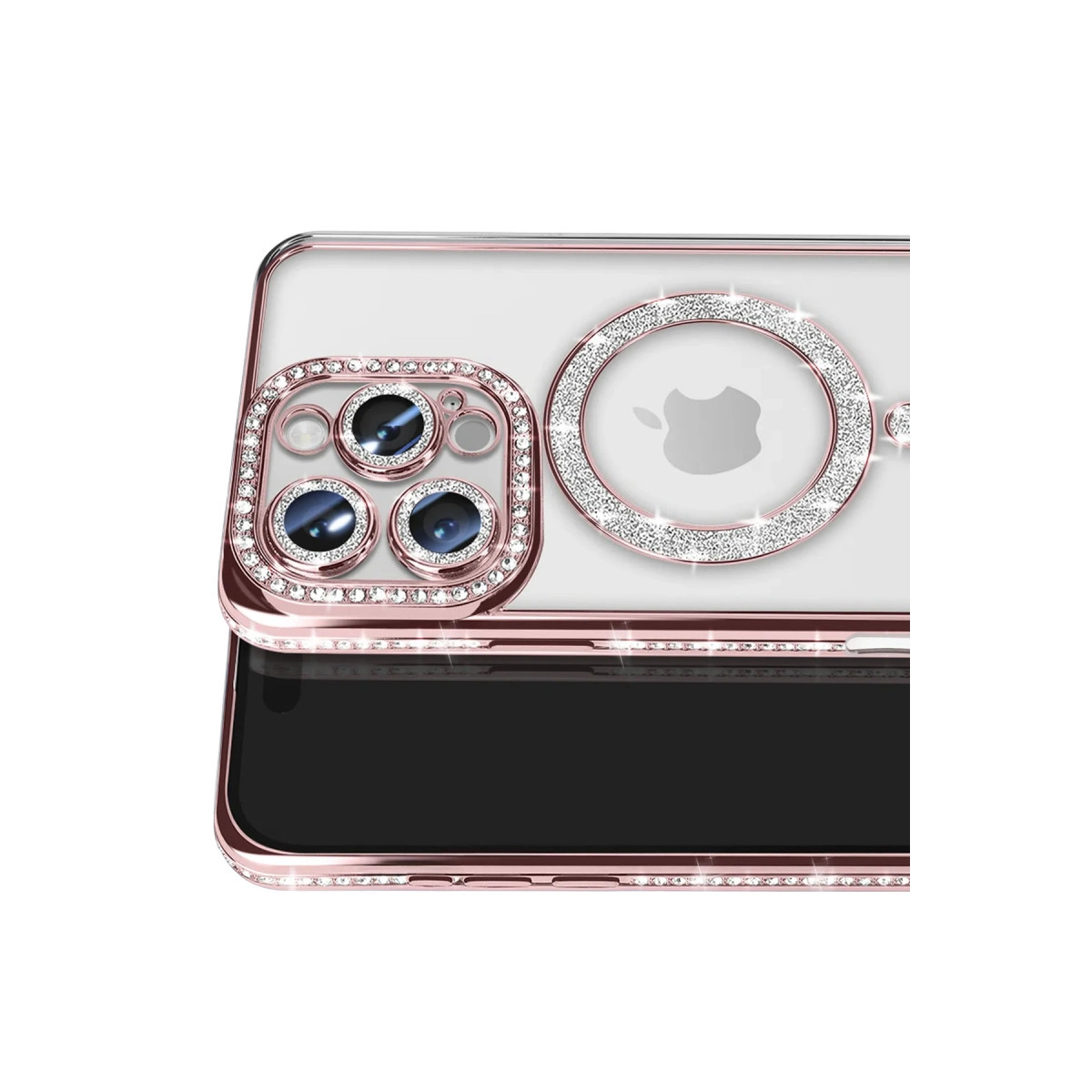 Kamera ve Apple logosu çevresinde simli, rose altın rengi telefon kılıfı.