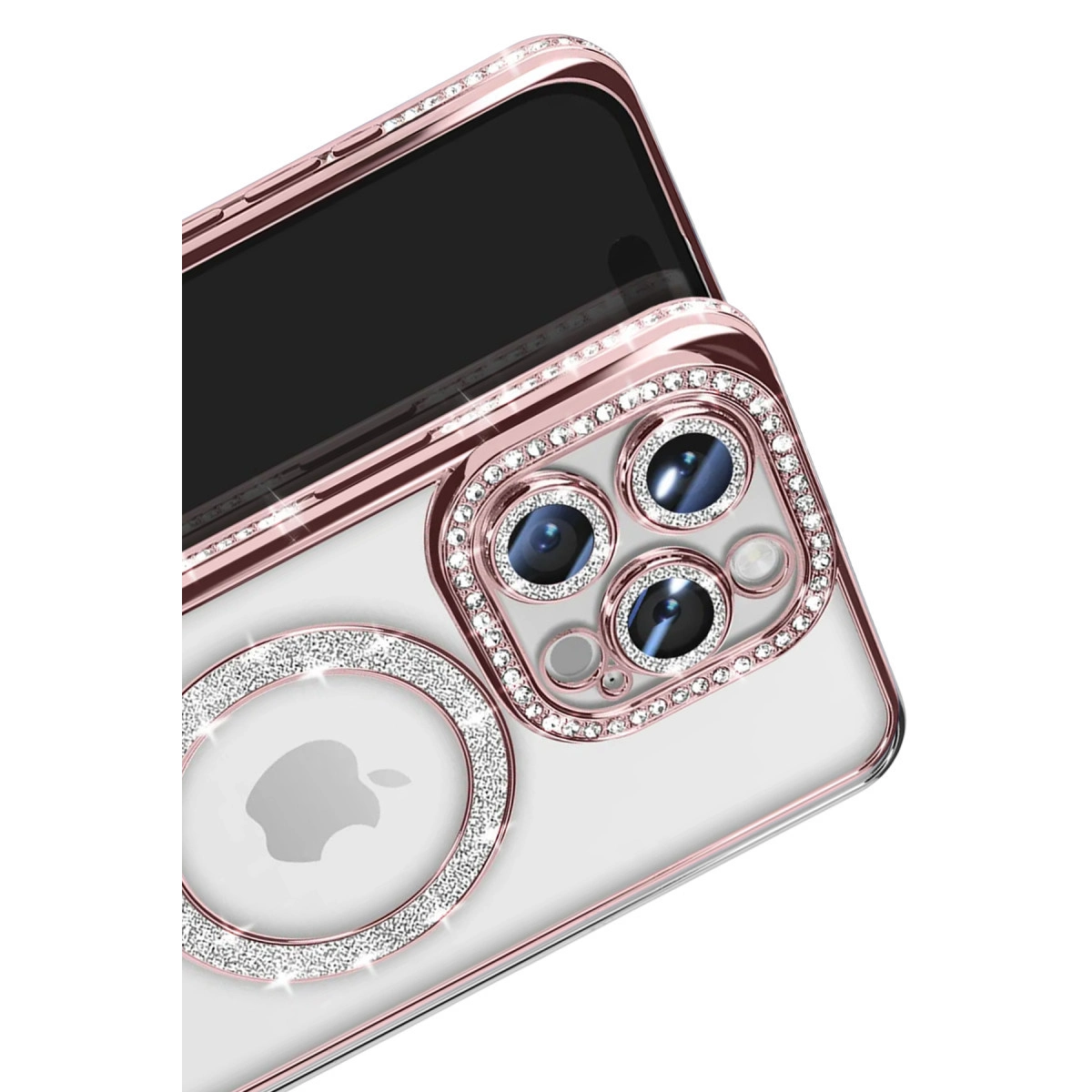Kameraların etrafında ve halkada elmaslarla süslenmiş rose gold iPhone kılıfı.