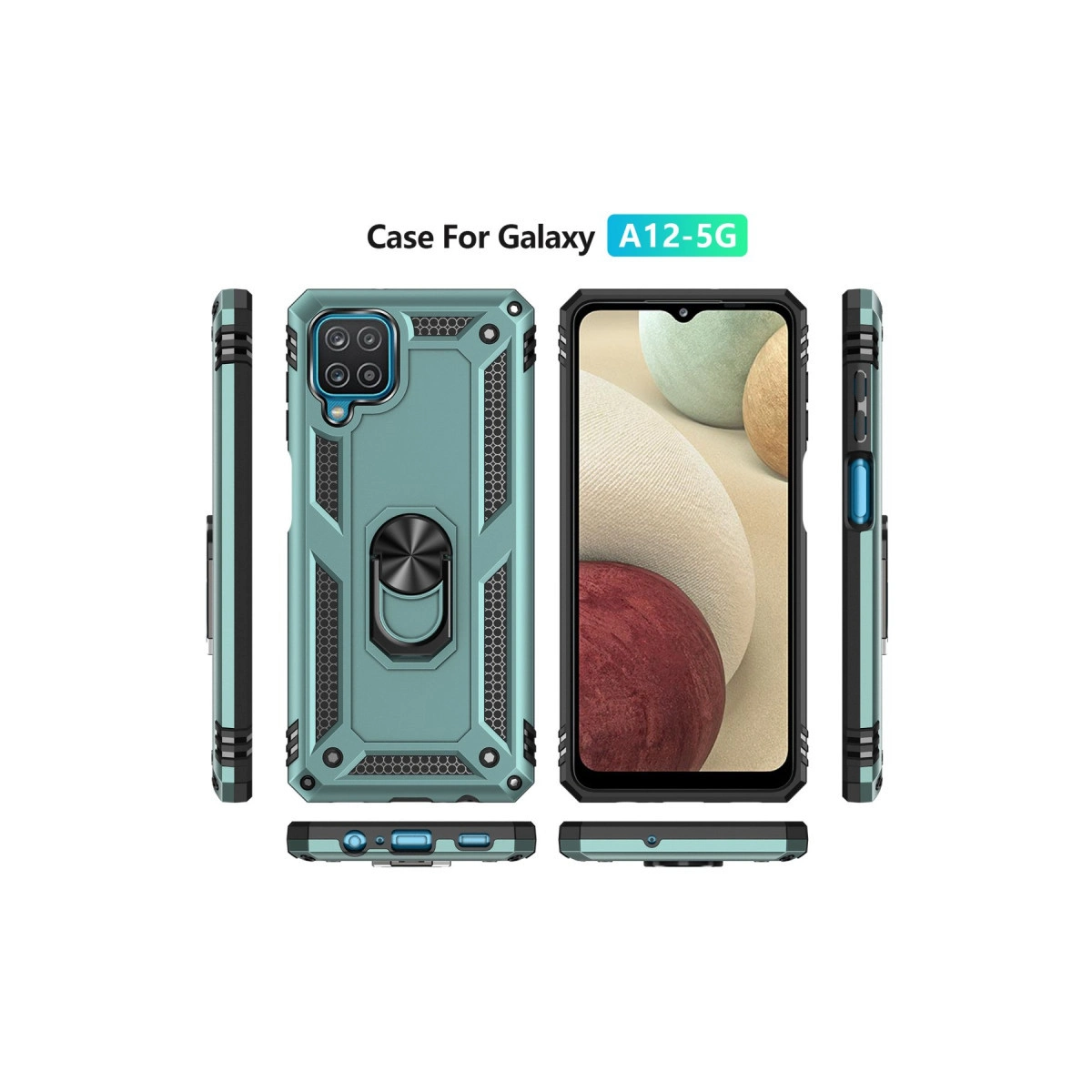 Samsung Galaxy A12-5G için halka tutuculu turkuaz sağlam kılıf, çeşitli açılardan.