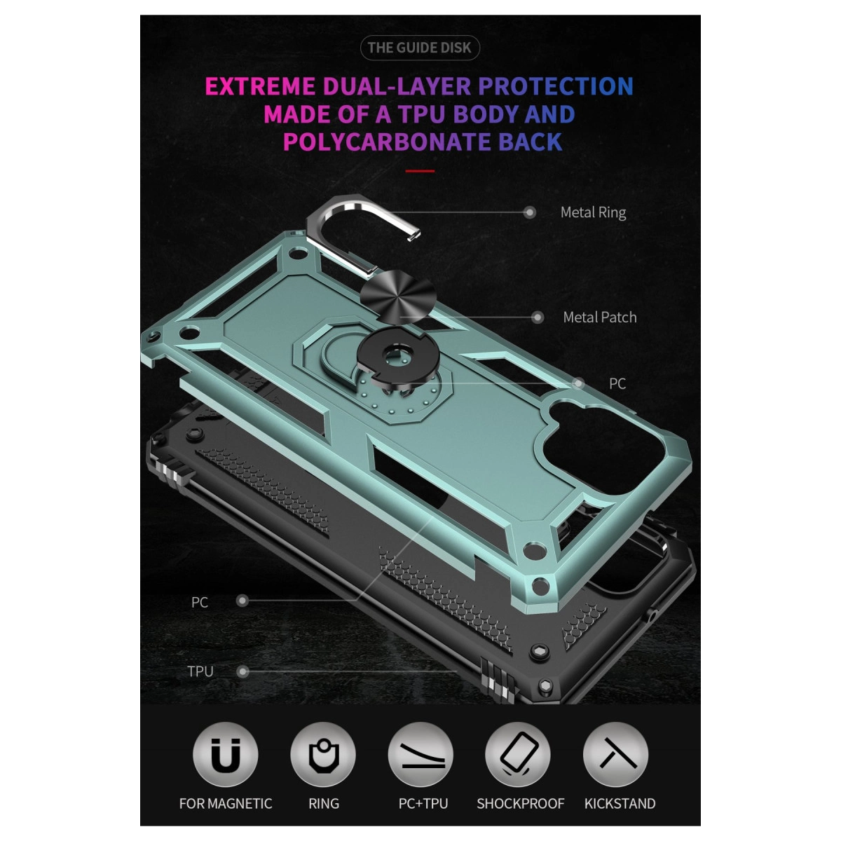 Metal halkalı ve kickstandlı, patlatılmış yeşil telefon kılıfı görünümü.