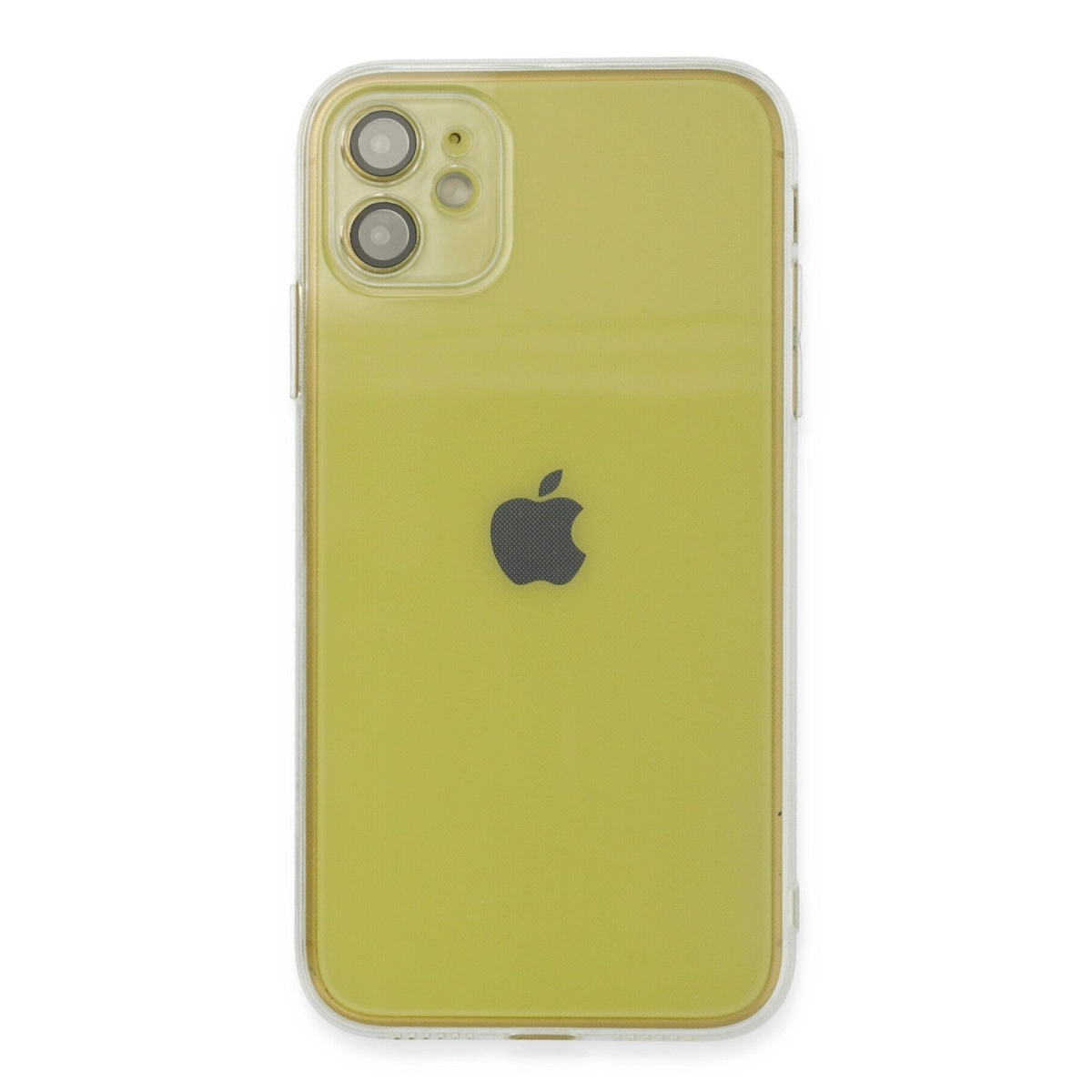Arkada iki kamerası ve Apple logosu bulunan sarı bir iPhone.