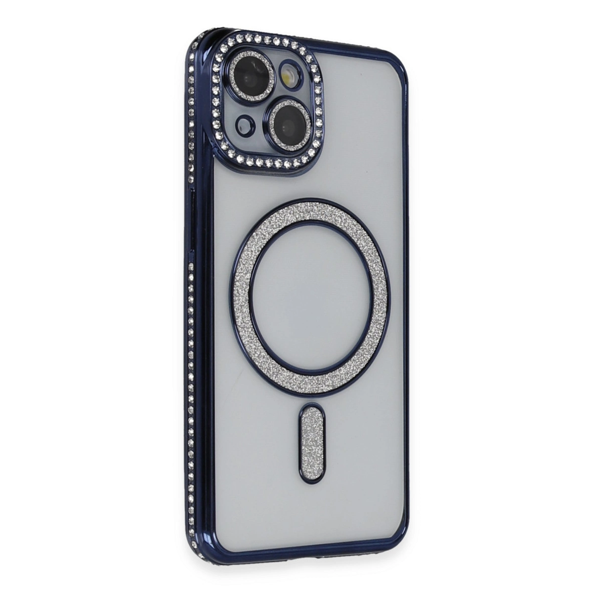 Koyu mavi telefon kılıfı, kamera ve MagSafe halkası çevresinde sim ve taşlarla.