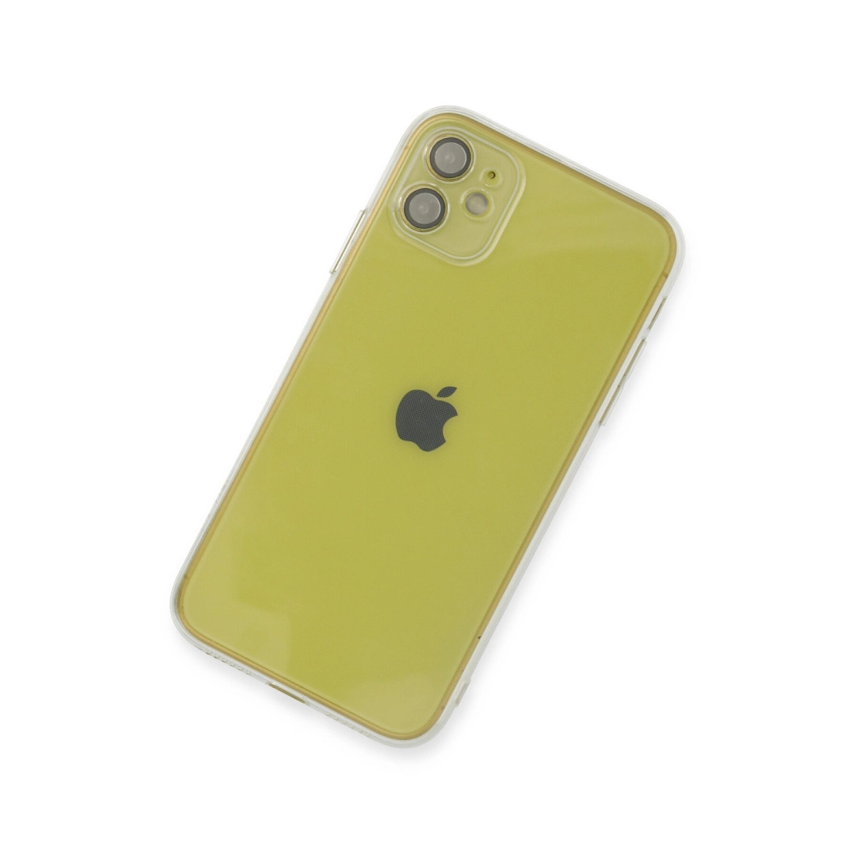 Şeffaf kasalı sarı iPhone, üzerinde iki kamera ve Apple logosu.