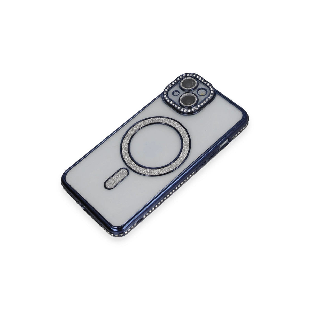 Kamera ve MagSafe çevresinde sim bulunan mavi kenarlı şeffaf telefon kılıfı.
