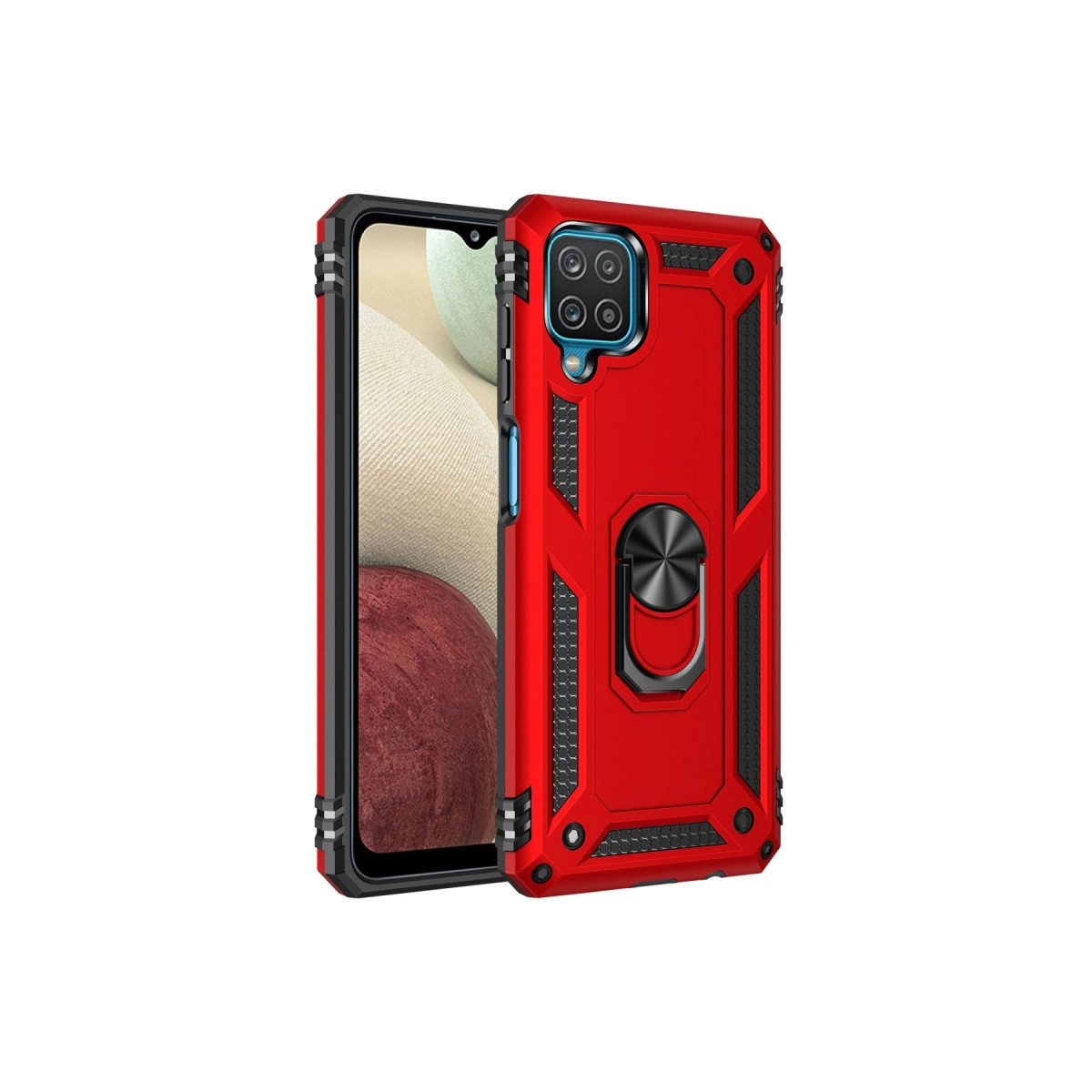 Kamera sistemli ve halka tutuculu kırmızı telefon kılıfı, beyaz üzerinde.