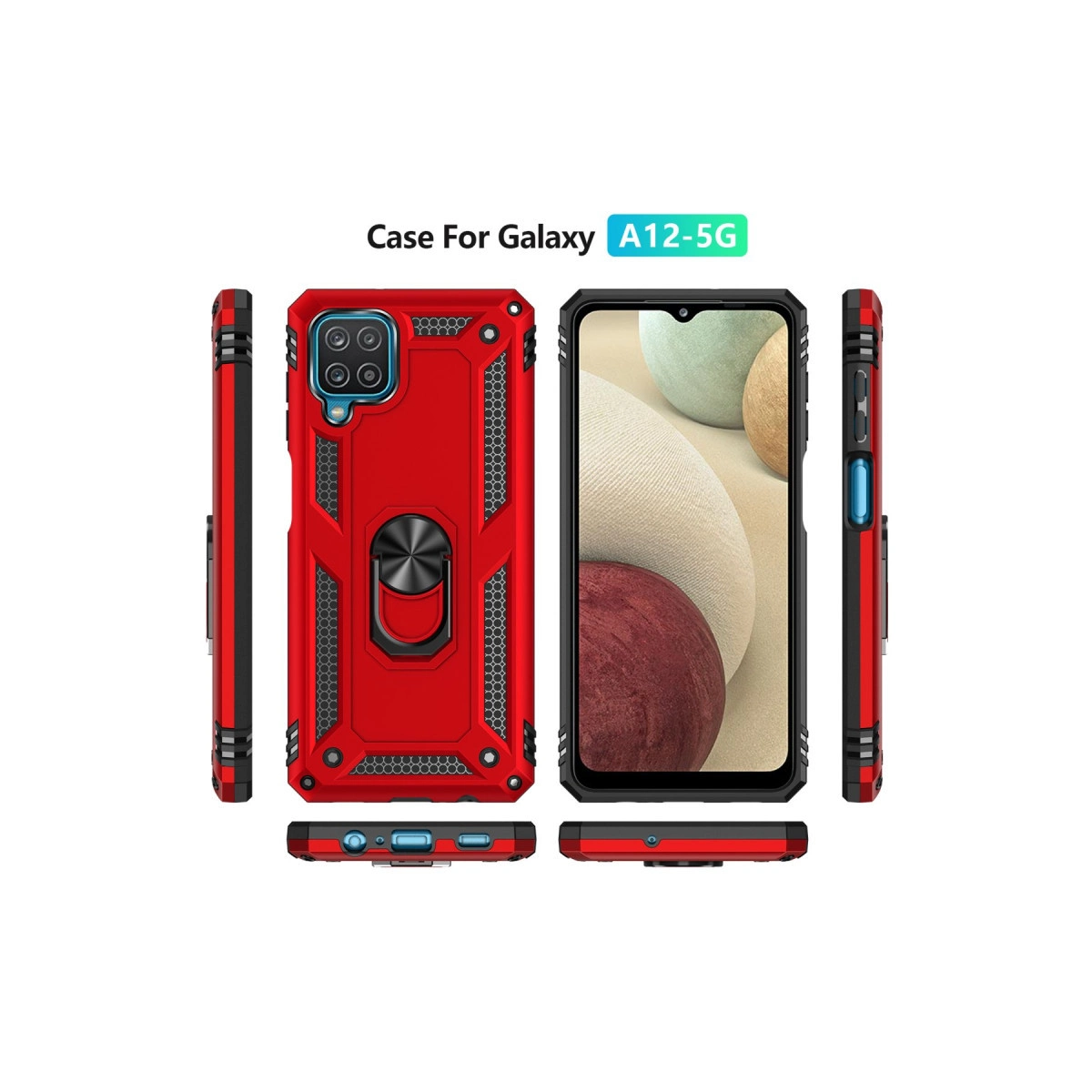 Samsung A12 5G için halkalı kırmızı kılıf, çoklu görünümler.