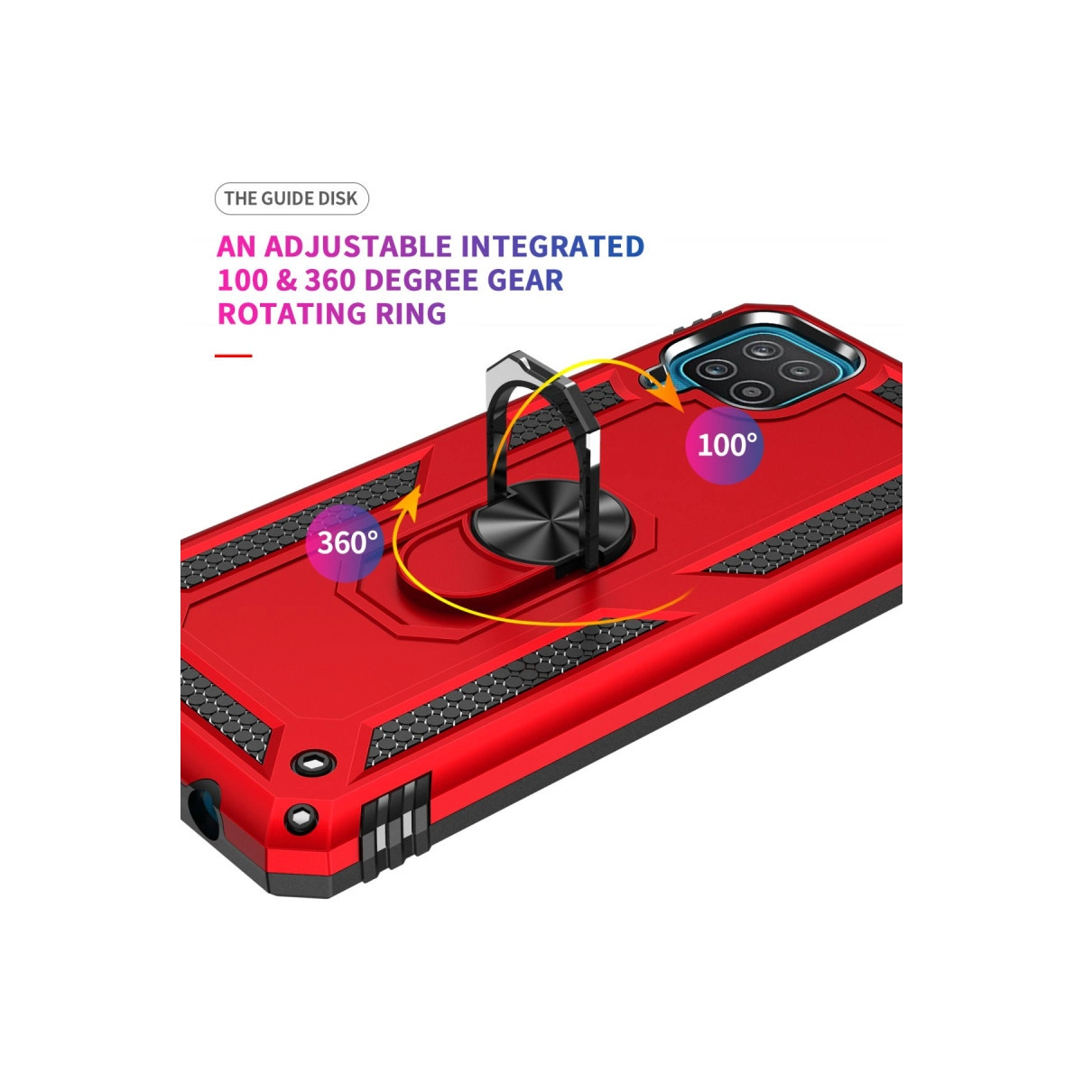 Entegre 360° halka tutuculu kırmızı telefon kılıfı, 100° ve 360° dönüş.