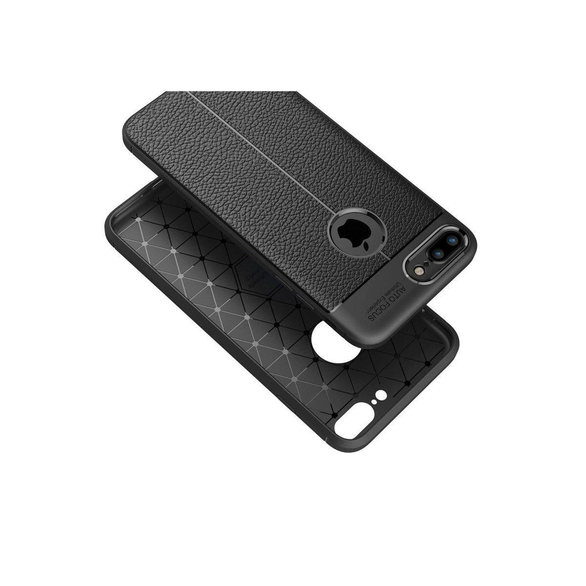 İçinde geometrik desenli siyah deri dokulu telefon kılıfı.