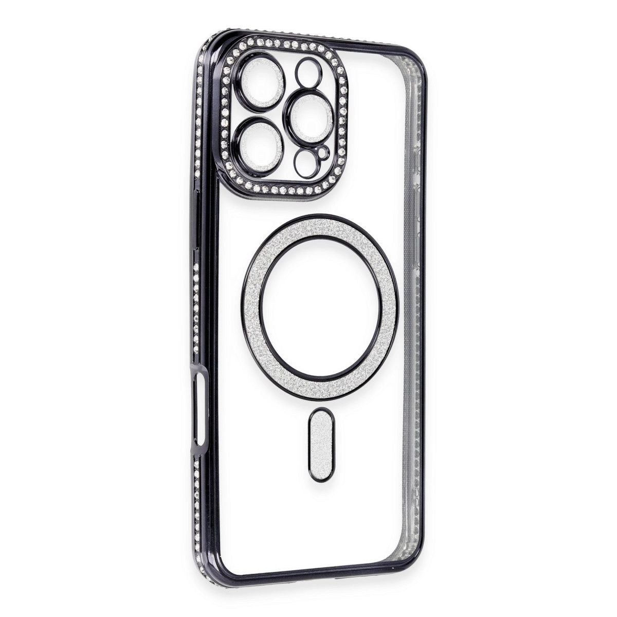 Şeffaf telefon kılıfı, parlak manyetik halka ve kamera çerçevesinde taşlar.