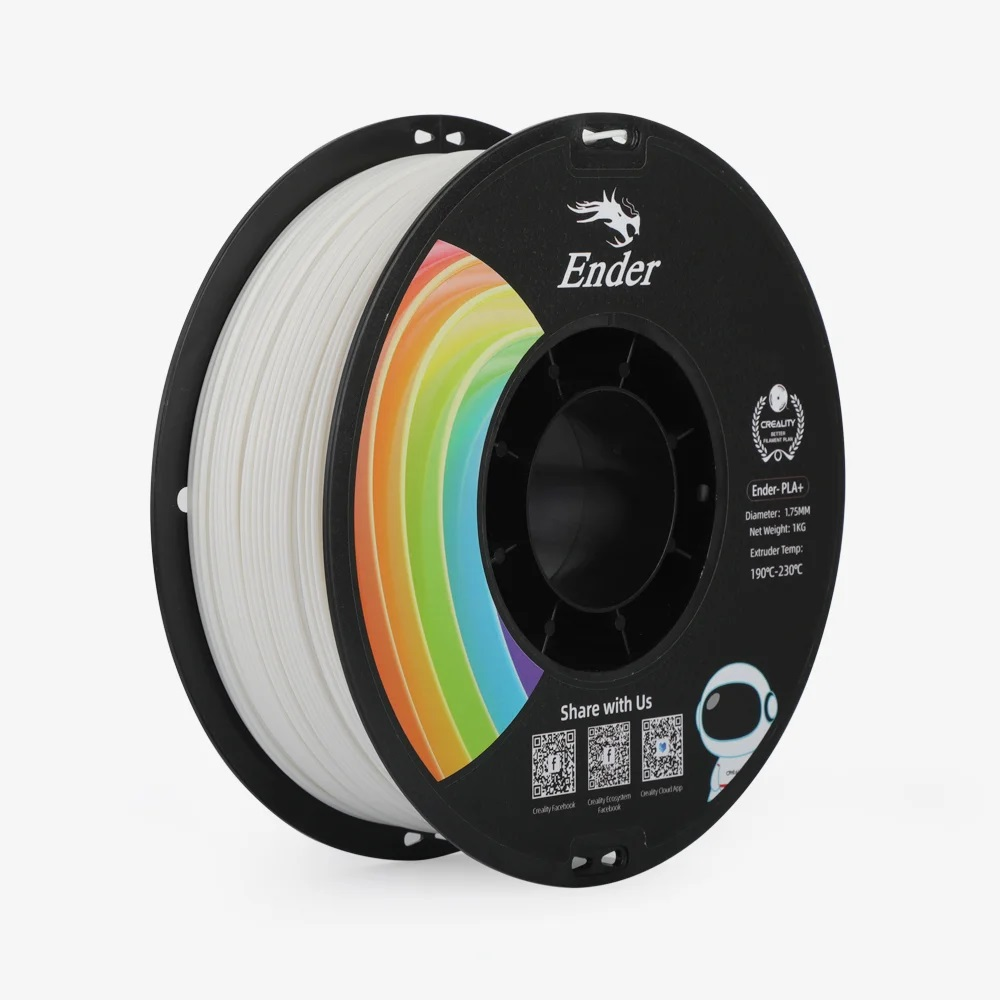Bobina bianca di filamento per stampante 3D Ender con striscia arcobaleno e dettagli.
