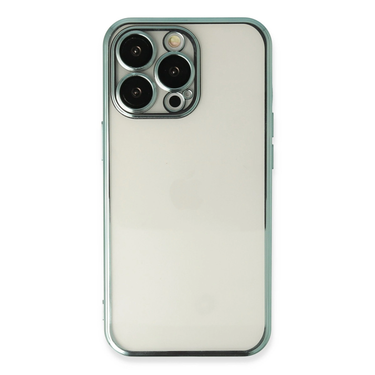 Dört kameralı, turkuaz çerçeveli açık renkli iPhone.