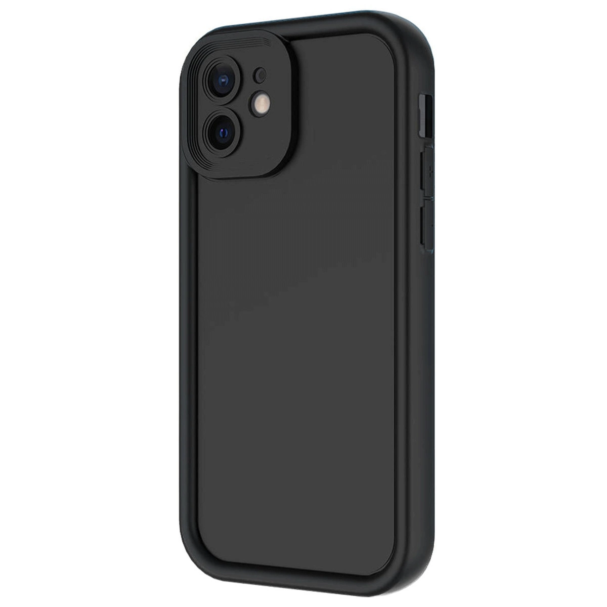 Kamera korumalı siyah telefon kılıfı, beyaz arka plan üzerinde.