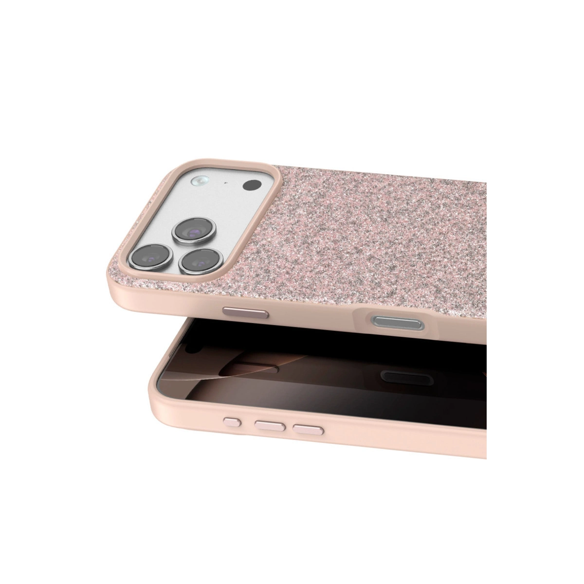 Üç kamera lensli pembe simli telefon kılıfı.