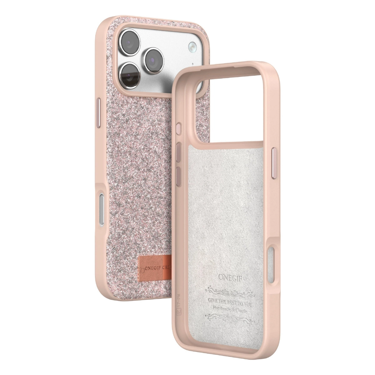 Pembe simli telefon kılıfı ve yanında boş bir kılıf.