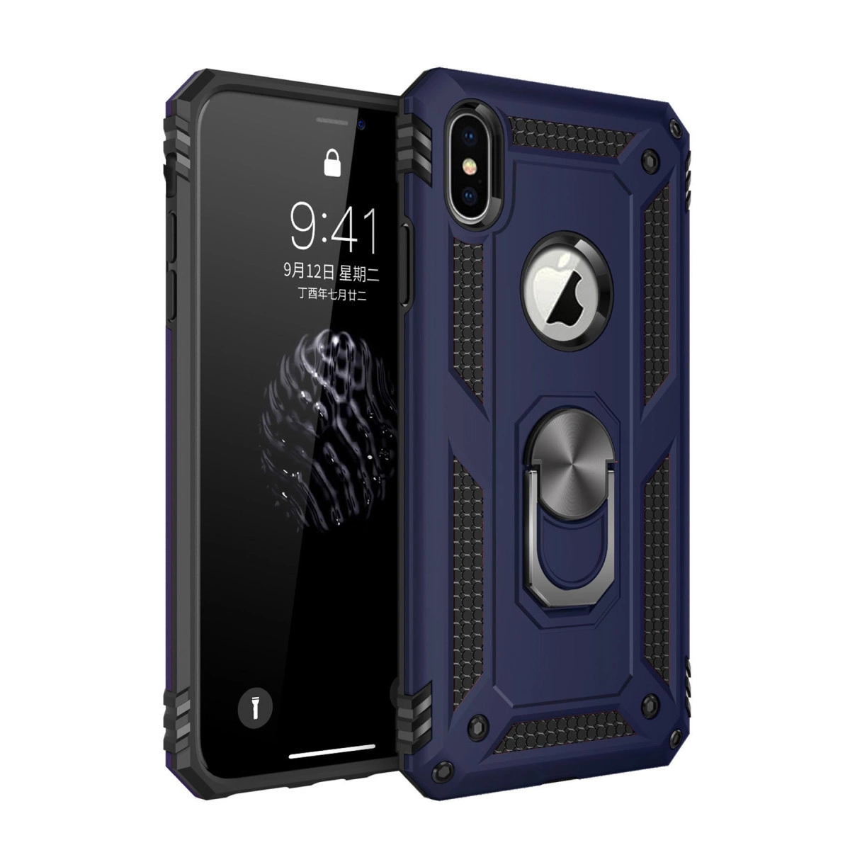 Halka tutuculu ve Apple logolu lacivert telefon kılıfı.