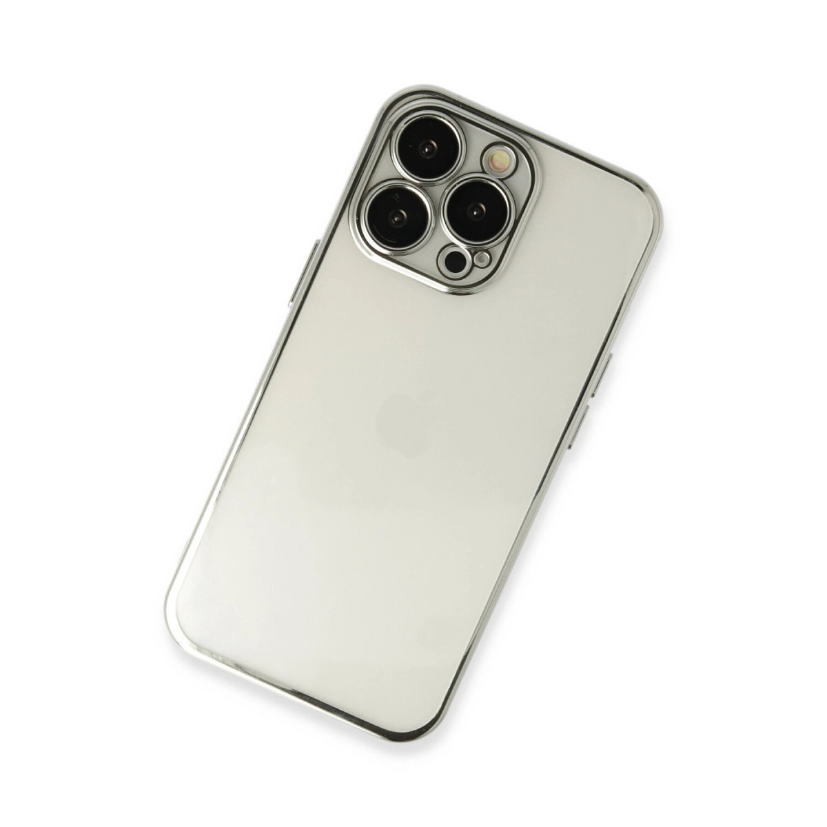 Gümüş kenarlı, üç kameralı beyaz iPhone.