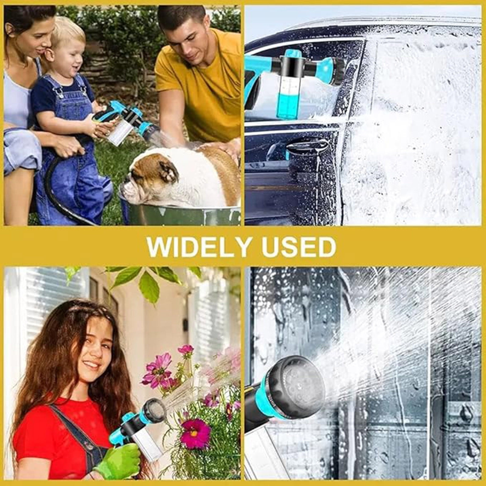 Familie wäscht Hund, Auto und Blumen mit Schlauch.