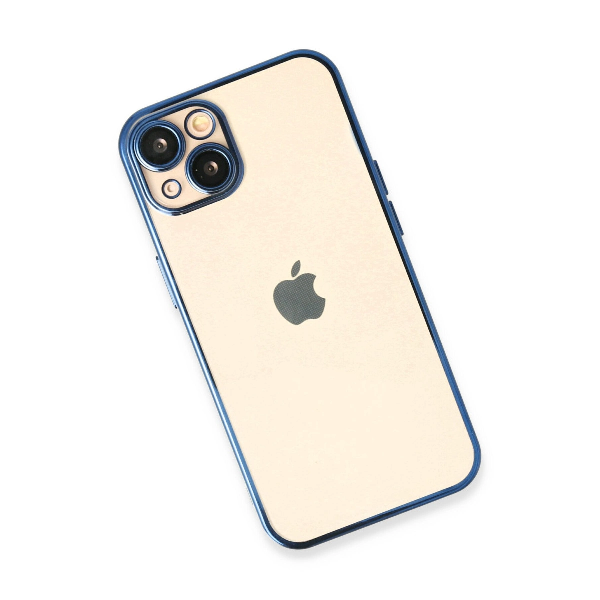 Beyaz arka plan üzerinde üç kameralı altın iPhone, mavi kılıflı.