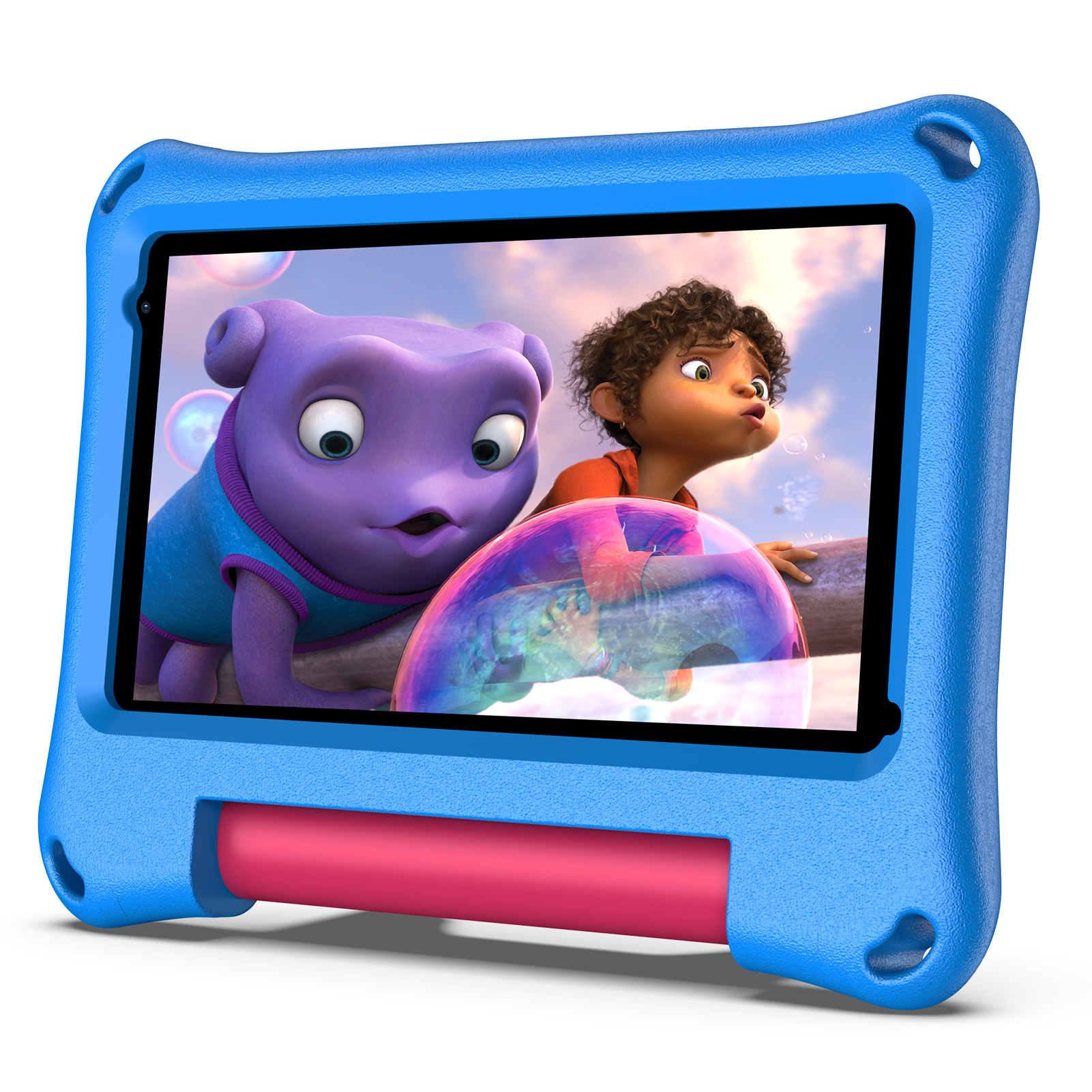 Ein blaues Tablet mit einem Cartoon-Film von einem lila Alien und einem Mädchen.