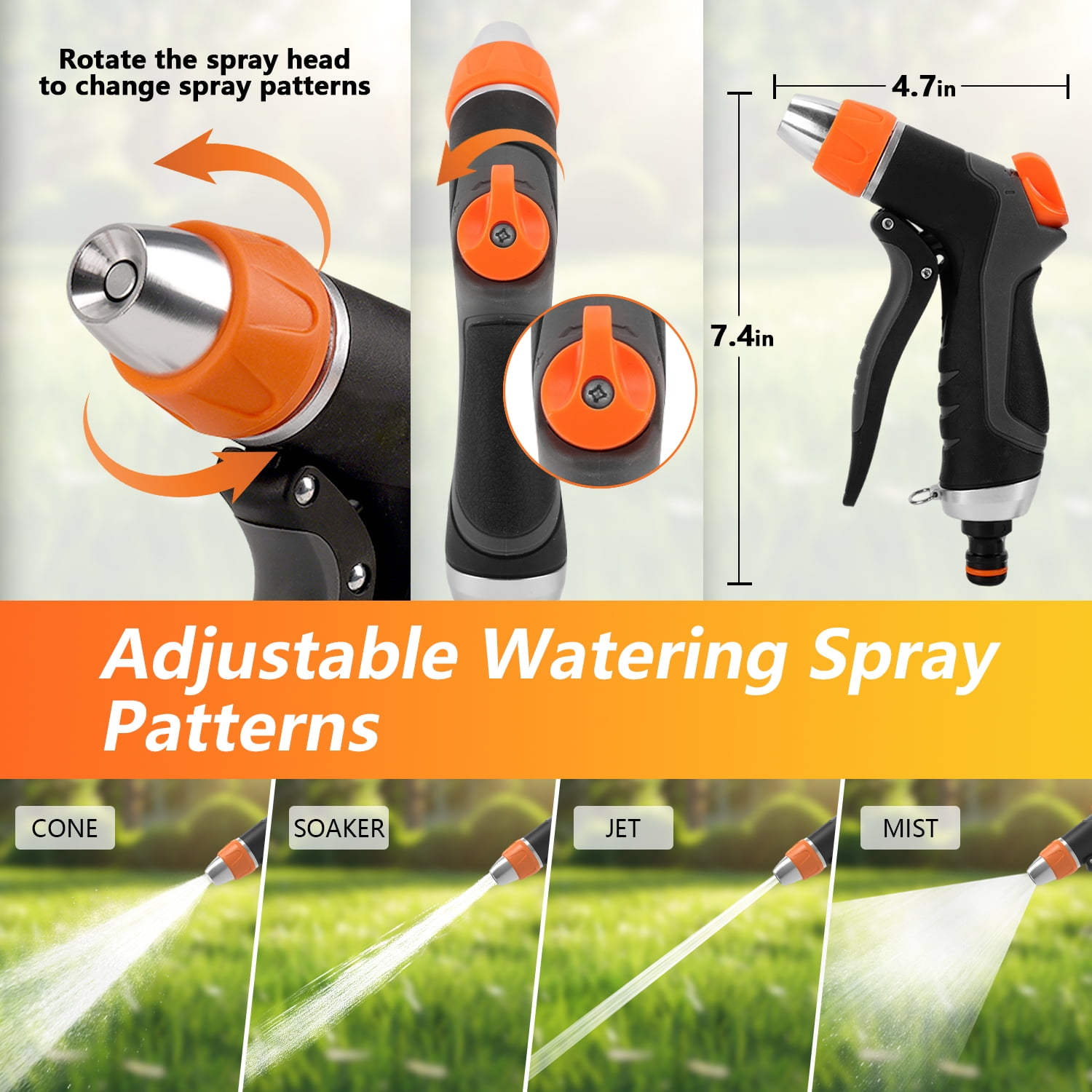 Verstellbare Sprühdüse mit vier Mustern: Kegel, Soaker, Jet, Mist.