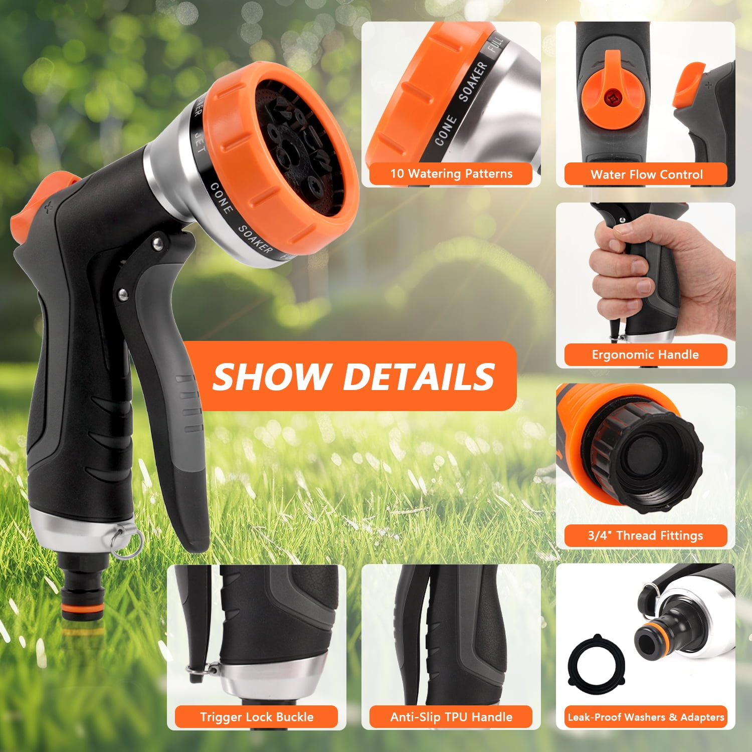 Eine detaillierte Ansicht einer schwarzen und orangen Gartenschlauch-Sprühdüse mit mehreren Einstellungen.