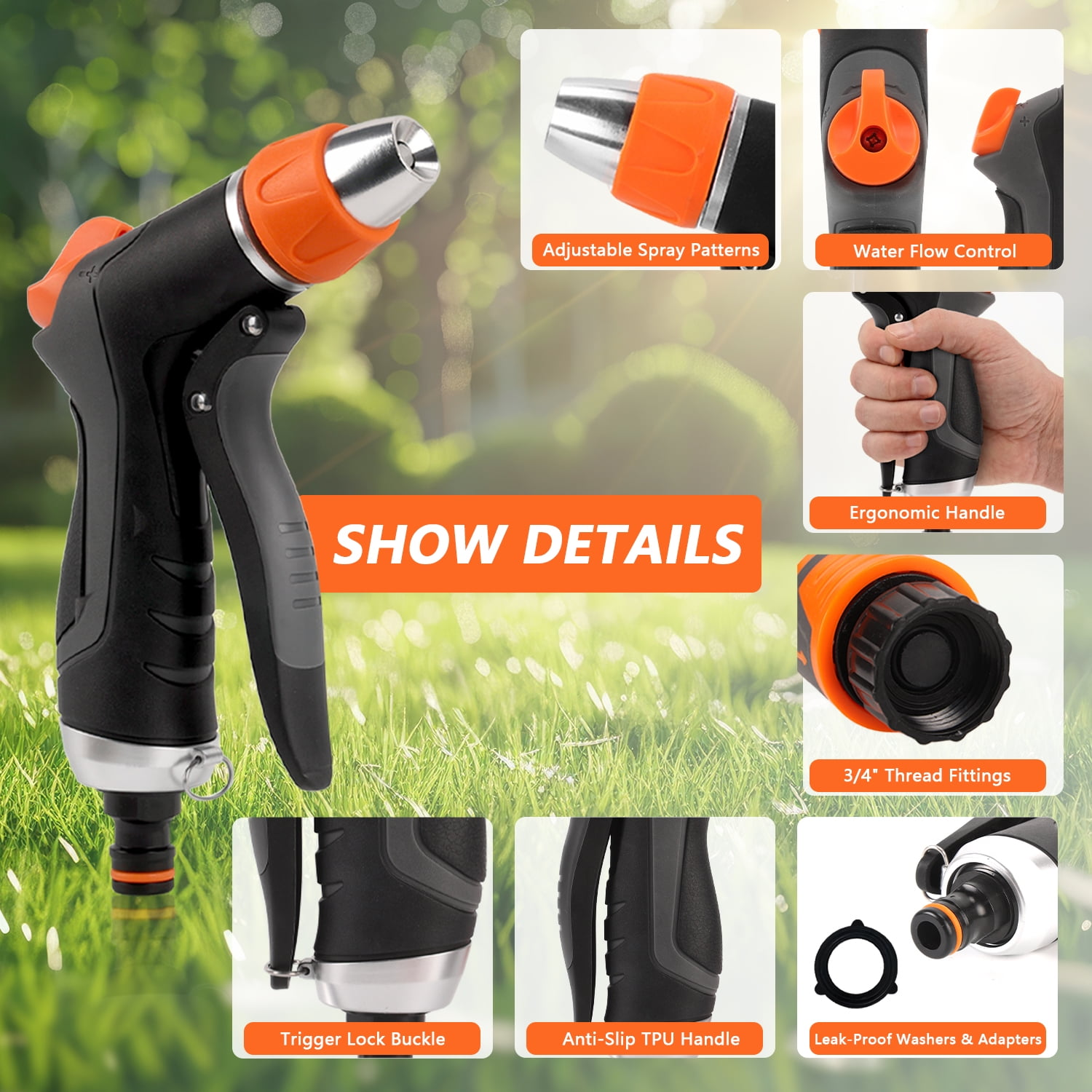 Schwarzer Gartenschlauchsprüher mit Orangendetails, verstellbarem Muster, Griff und Anschlüssen.