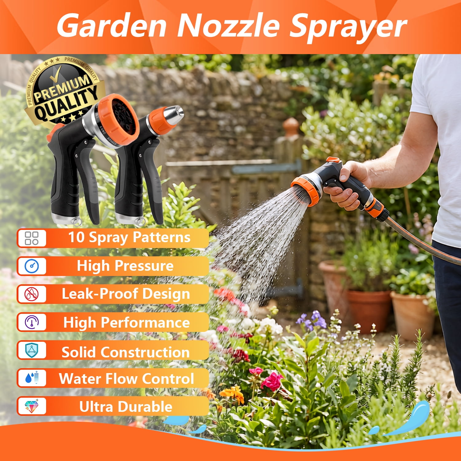 Gartenbrause mit 10 Mustern, Hochdruck, leckdicht, solide, langlebig.