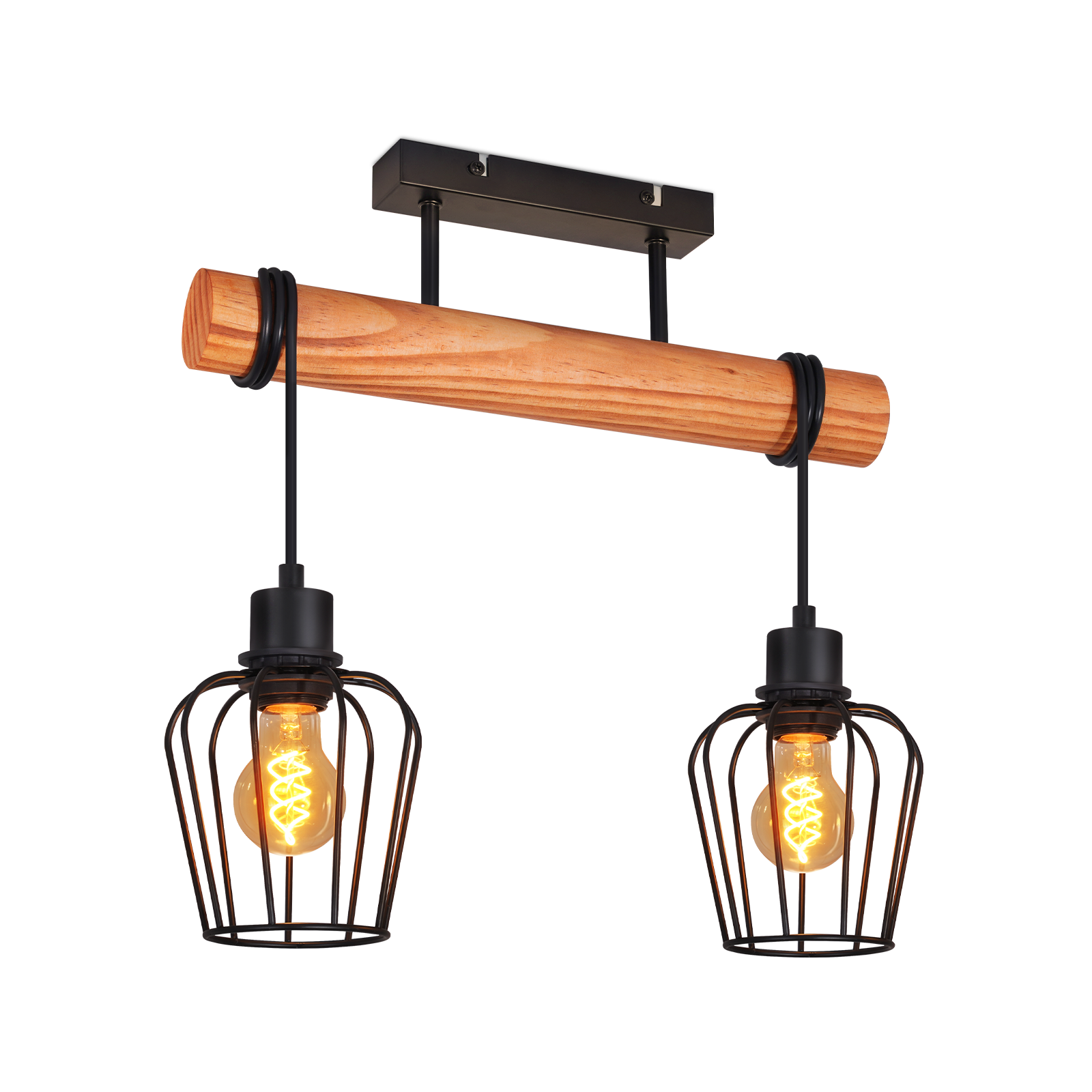 Lampadario con trave in legno e due lampade a gabbia con lampadine.