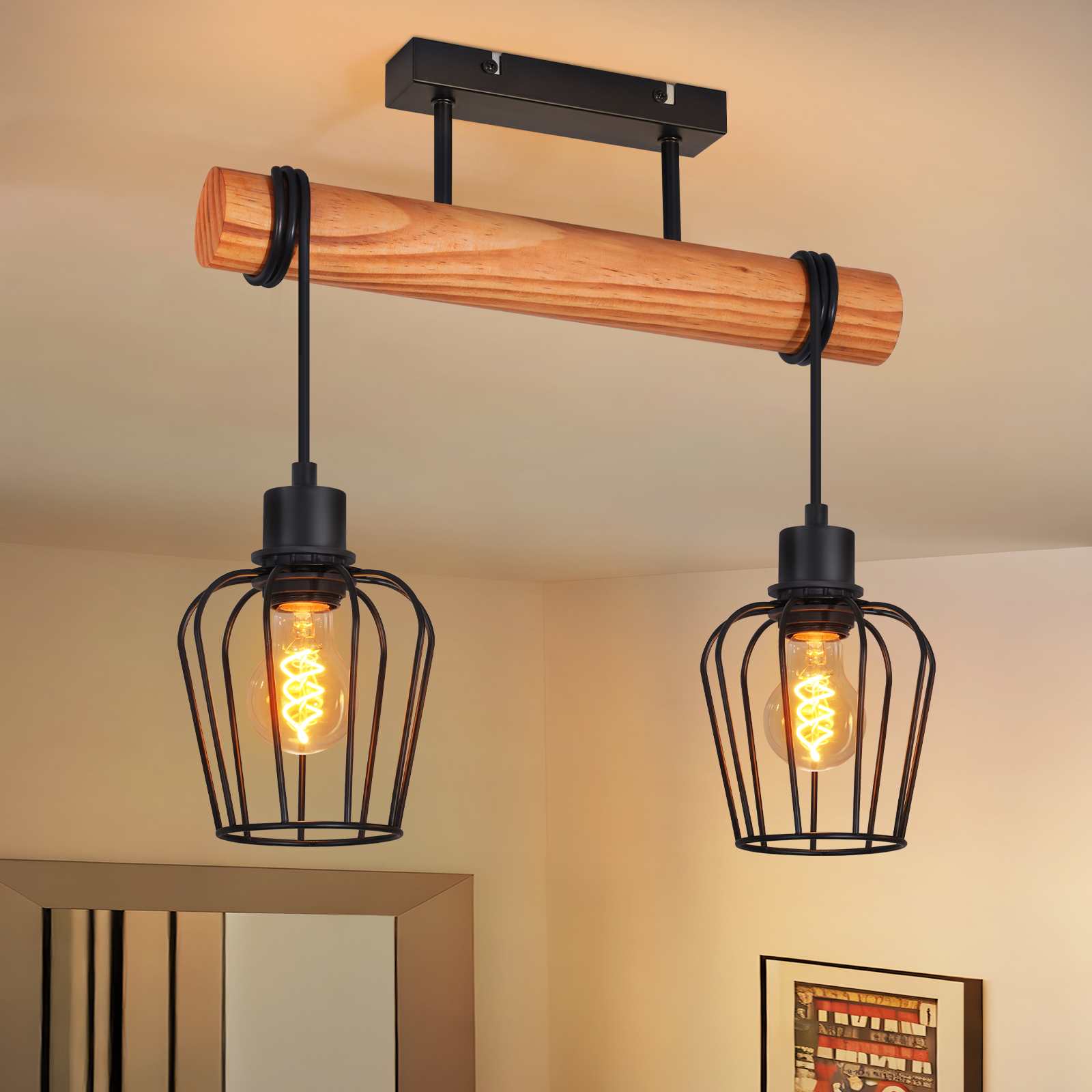 Lampada da soffitto con trave in legno e due lampade a gabbia nere con lampadine.