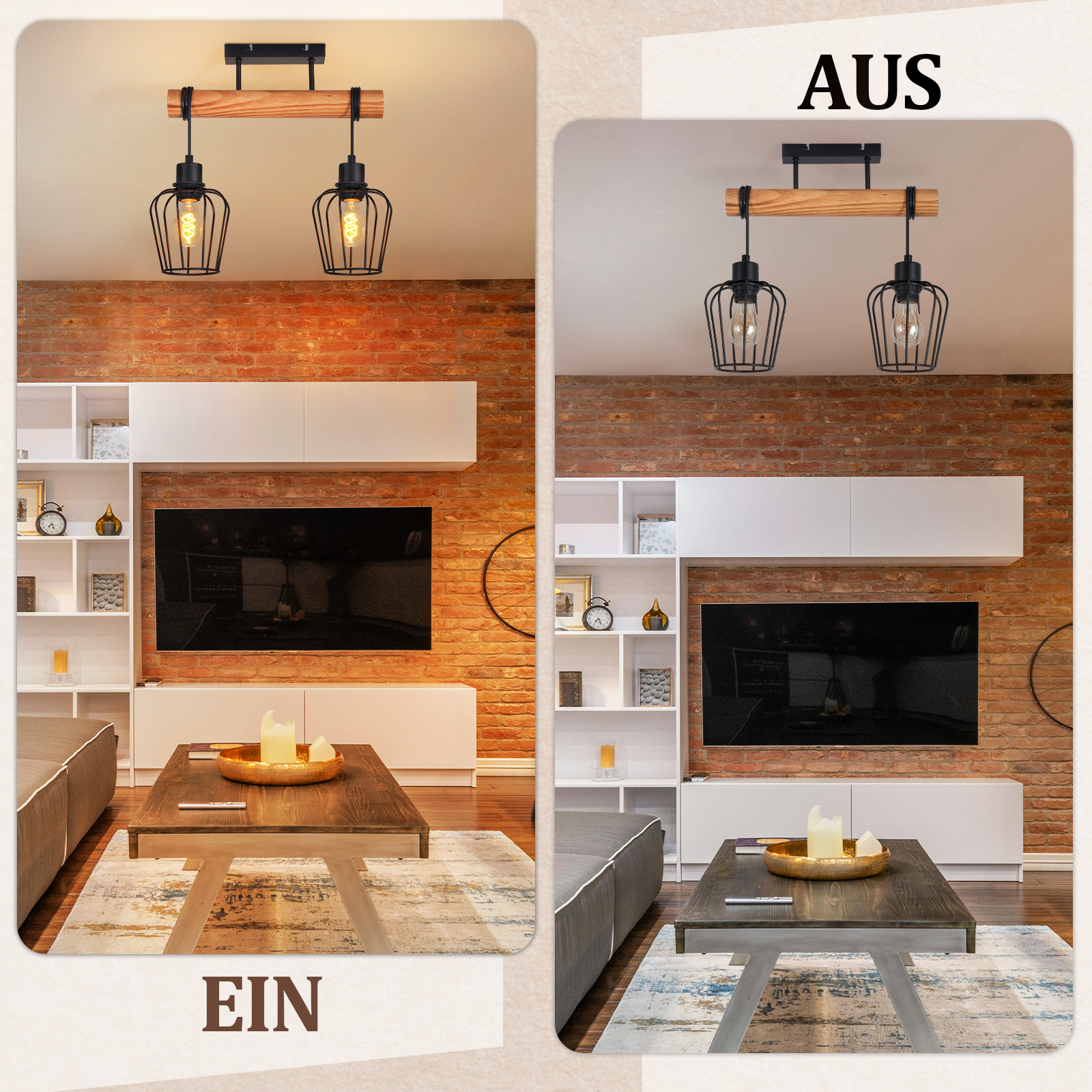 Lampada da soffitto con trave in legno, due paralumi a gabbia e lampadine.