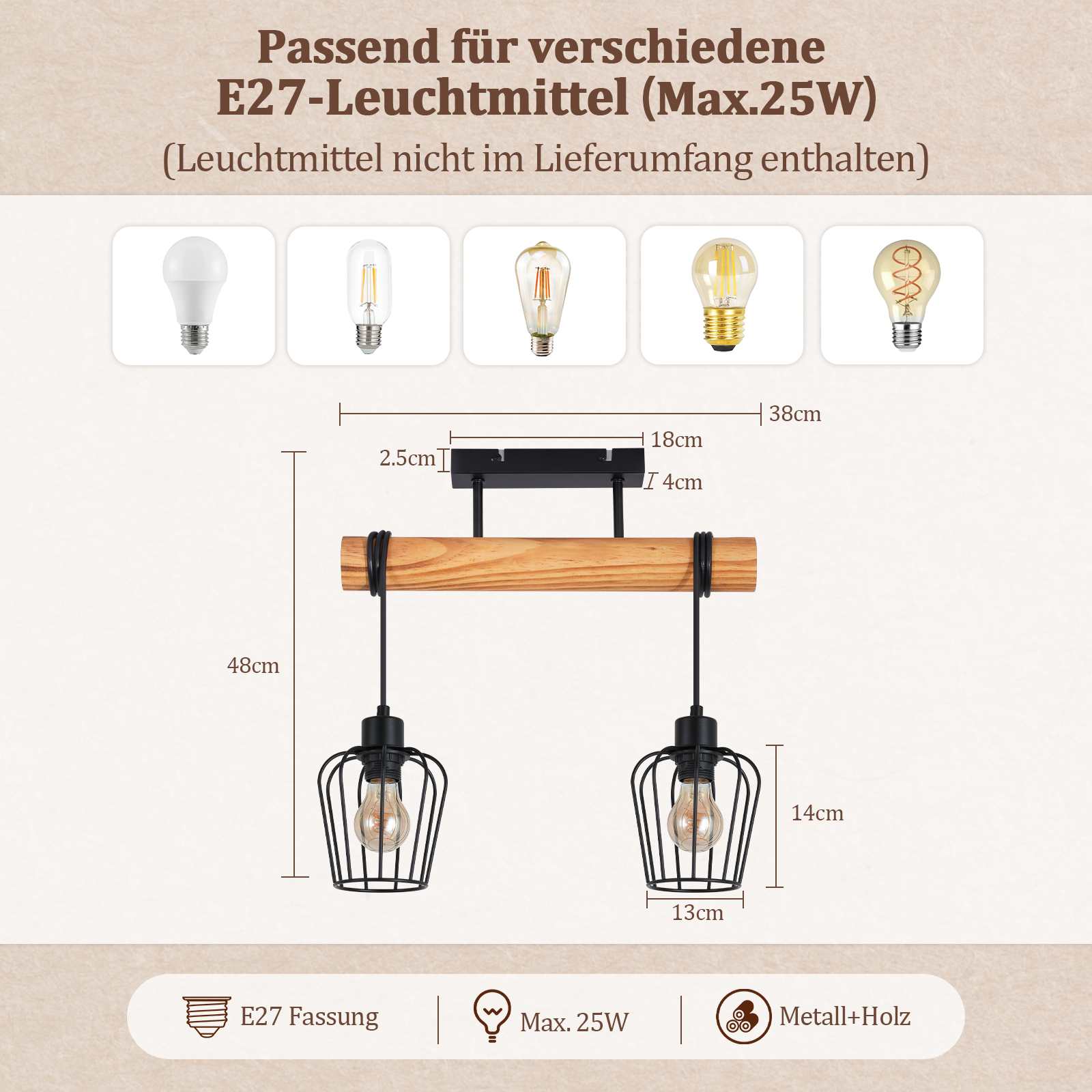 Lampada a sospensione con barra in legno, due paralumi a gabbia in metallo nero e lampadine.