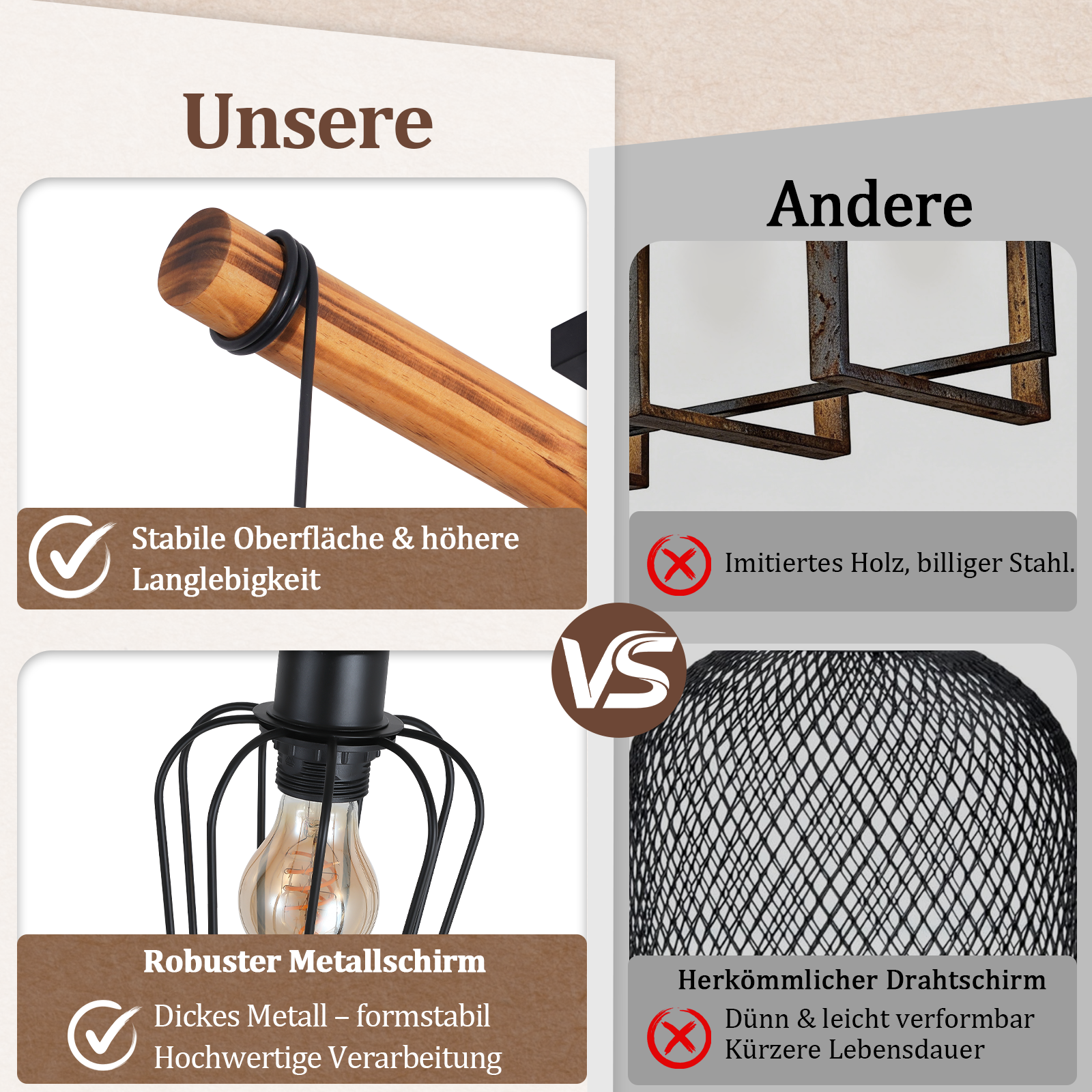 Confronto paralumi: legno/metallo vs. filo. Stabile vs. imitativo.