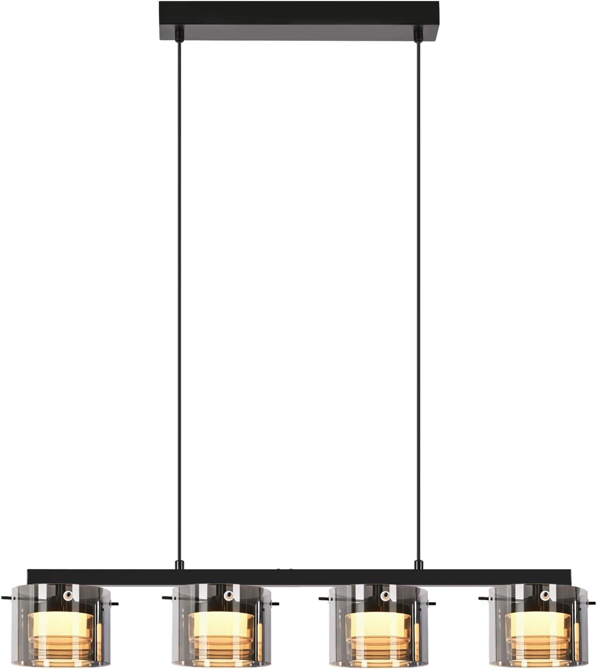 Eine moderne Pendelleuchte mit vier Glaszylindern und schwarzem Metallrahmen.