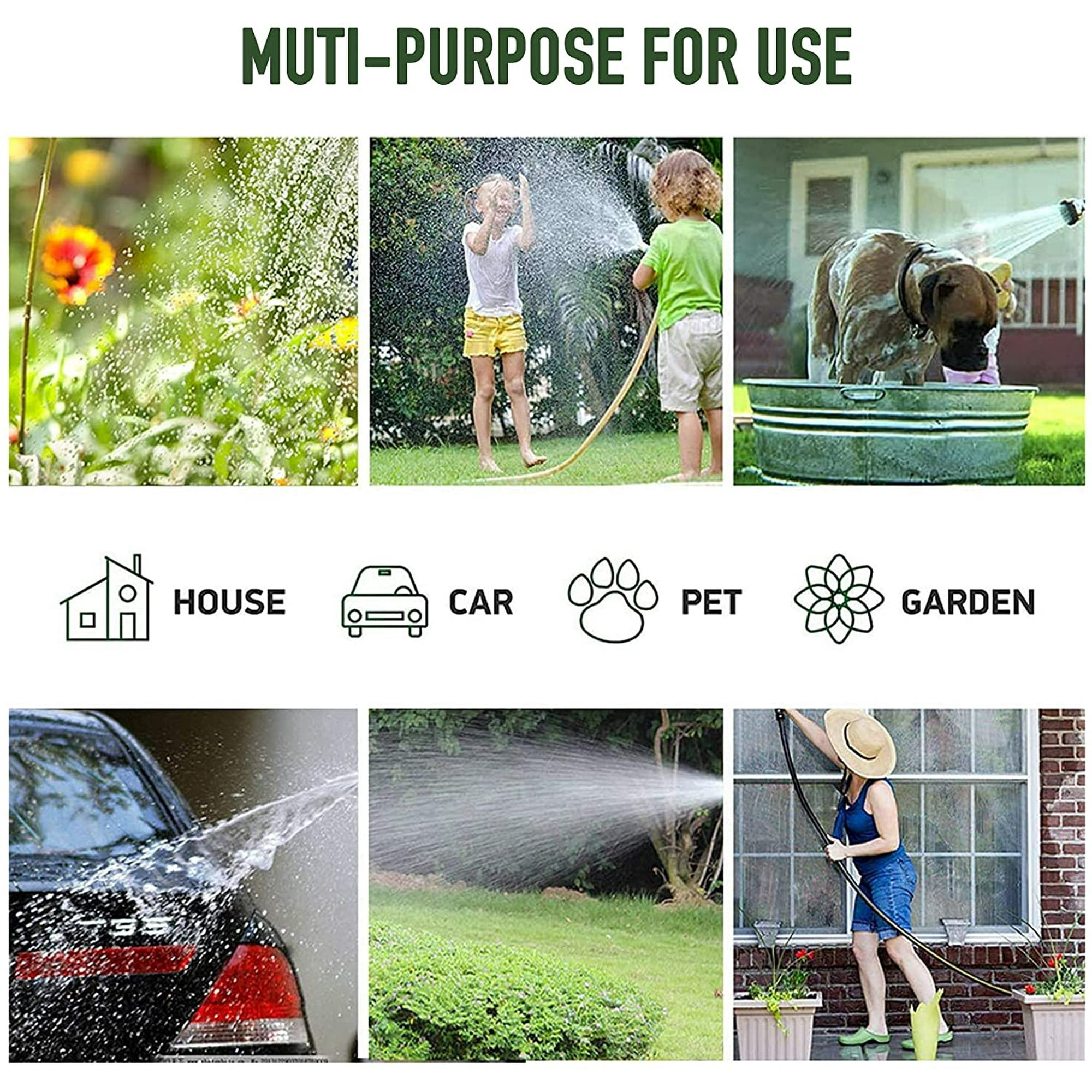 Sechs Bilder zeigen Gassi gehen, Autowaschen, Blumen gießen, Hunde waschen, Kinder spielen mit Wasser.