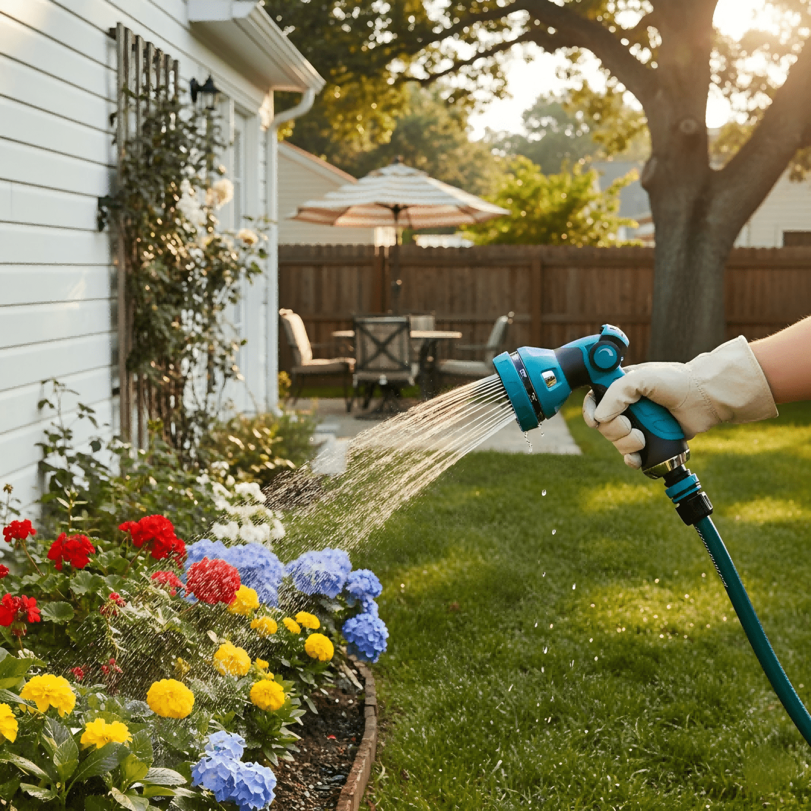 Hand gießt Blumen mit blauem Sprinkler auf grünem Rasen.