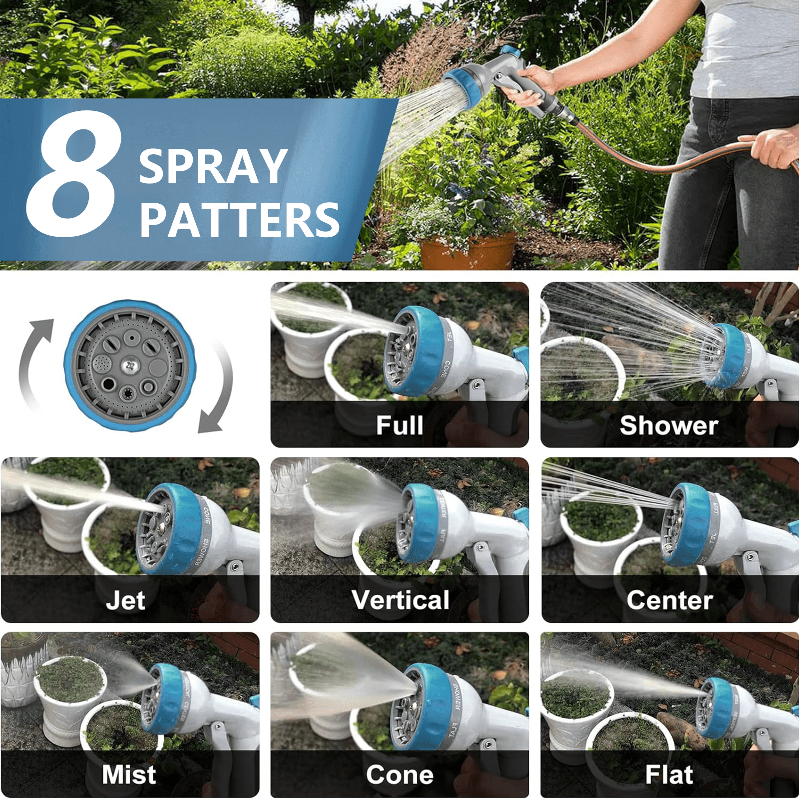 Gartenbewässerung mit 8 Sprühmustern: Voll, Dusche, Strahl, Vertikal, Mitte, Nebel, Kegel, Flach.