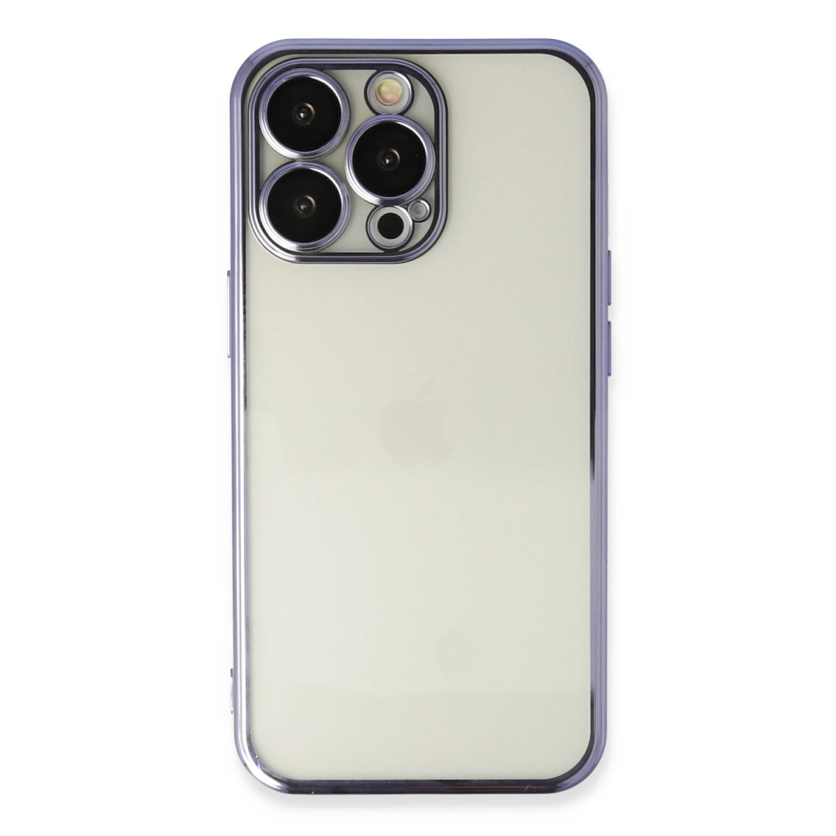 Mor çerçeveli, açık renkli iPhone ve üç kamera.