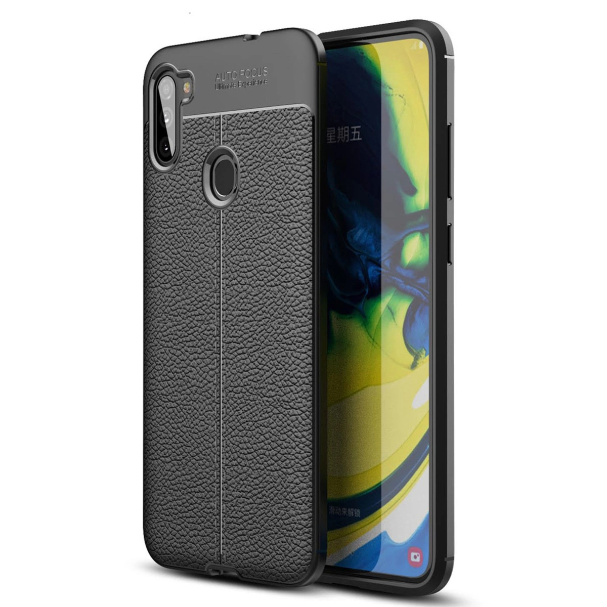 Parmak izi sensörlü, siyah, dokulu deri telefon kılıfı. Yanında kilitli ekranlı bir akıllı telefon.