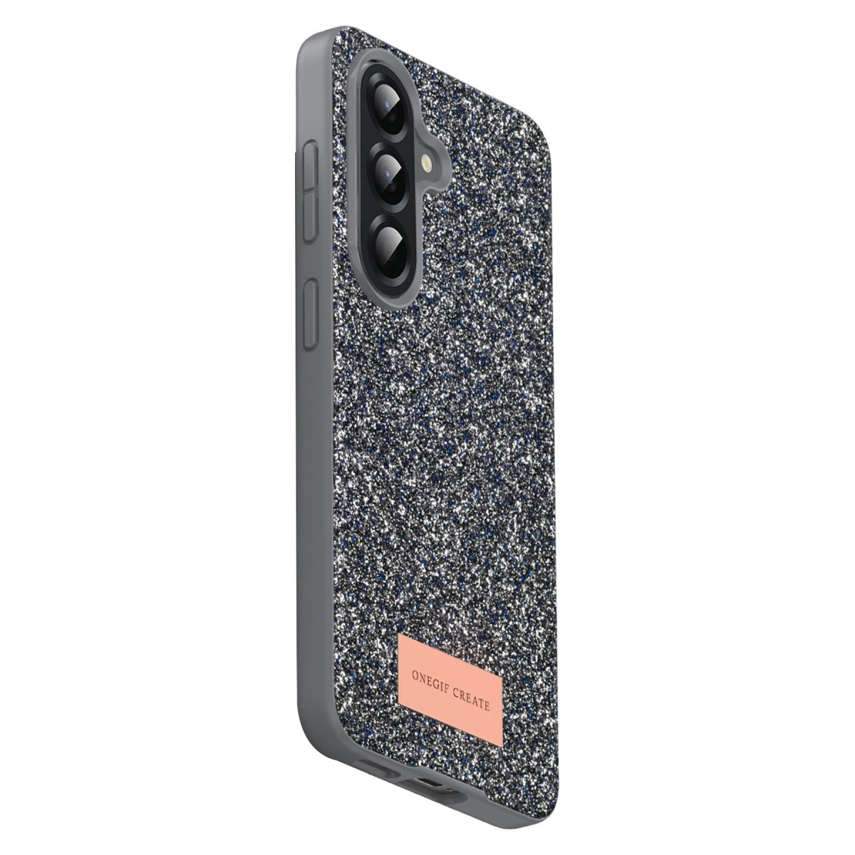 Simli, gri telefon kılıfı ve üç kamera lensi.