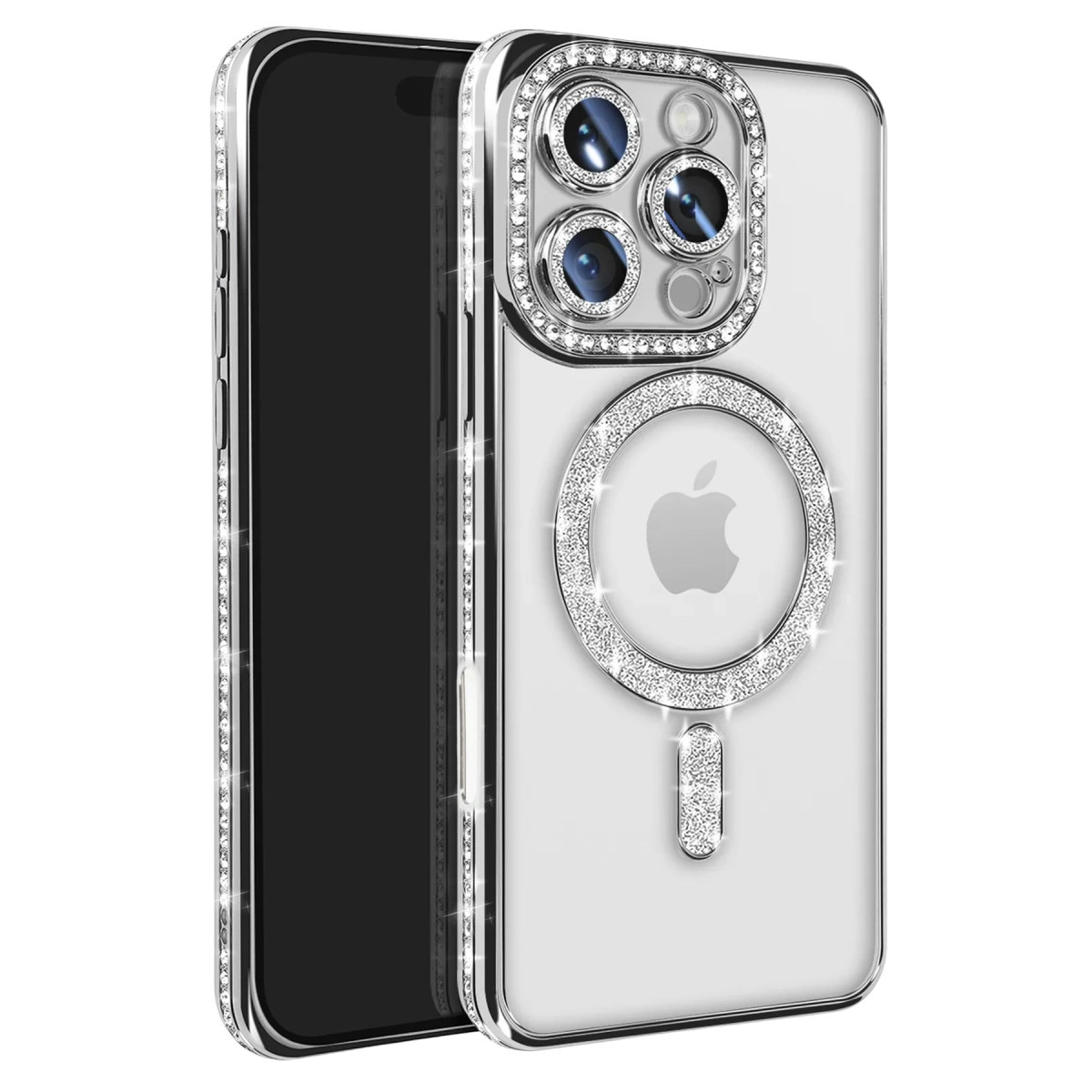 Elmas işlemeli kamera çerçeveli ve halkalı şeffaf iPhone kılıfı.