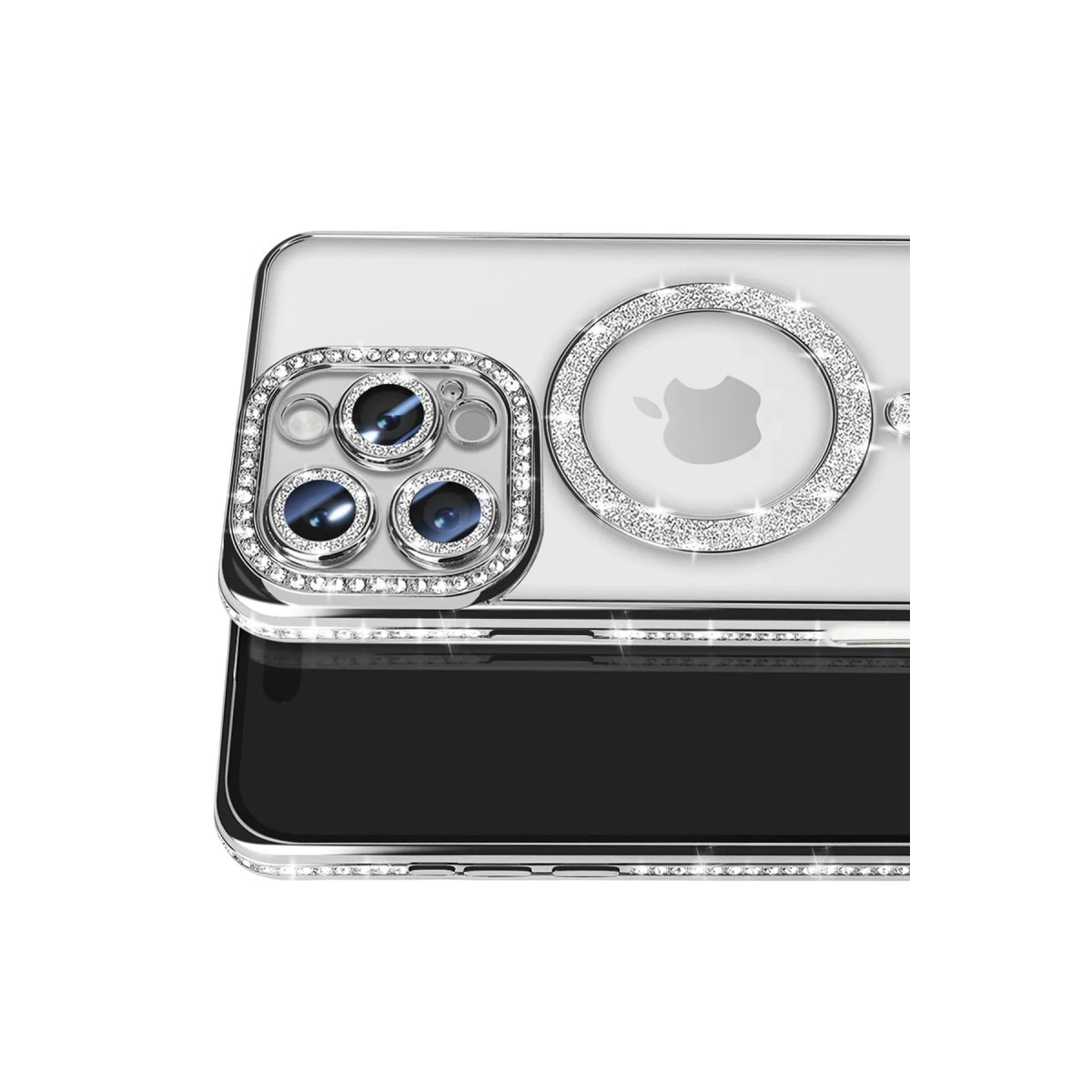 Üç kameralı iPhone kılıfı, parıltılı taşlarla çevrili.