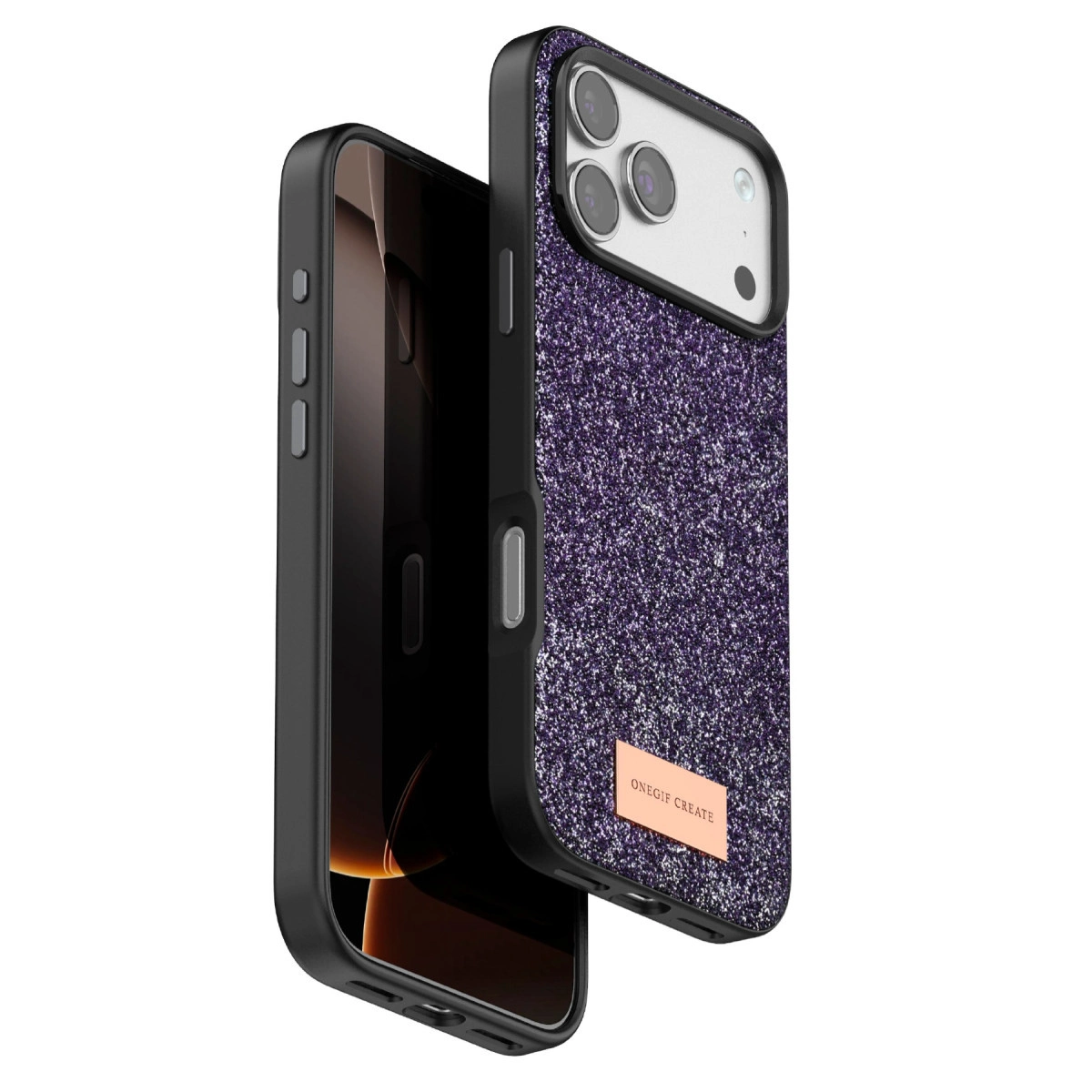Mor simli iPhone kılıfı, siyah çerçeveli ve kamera lensli.