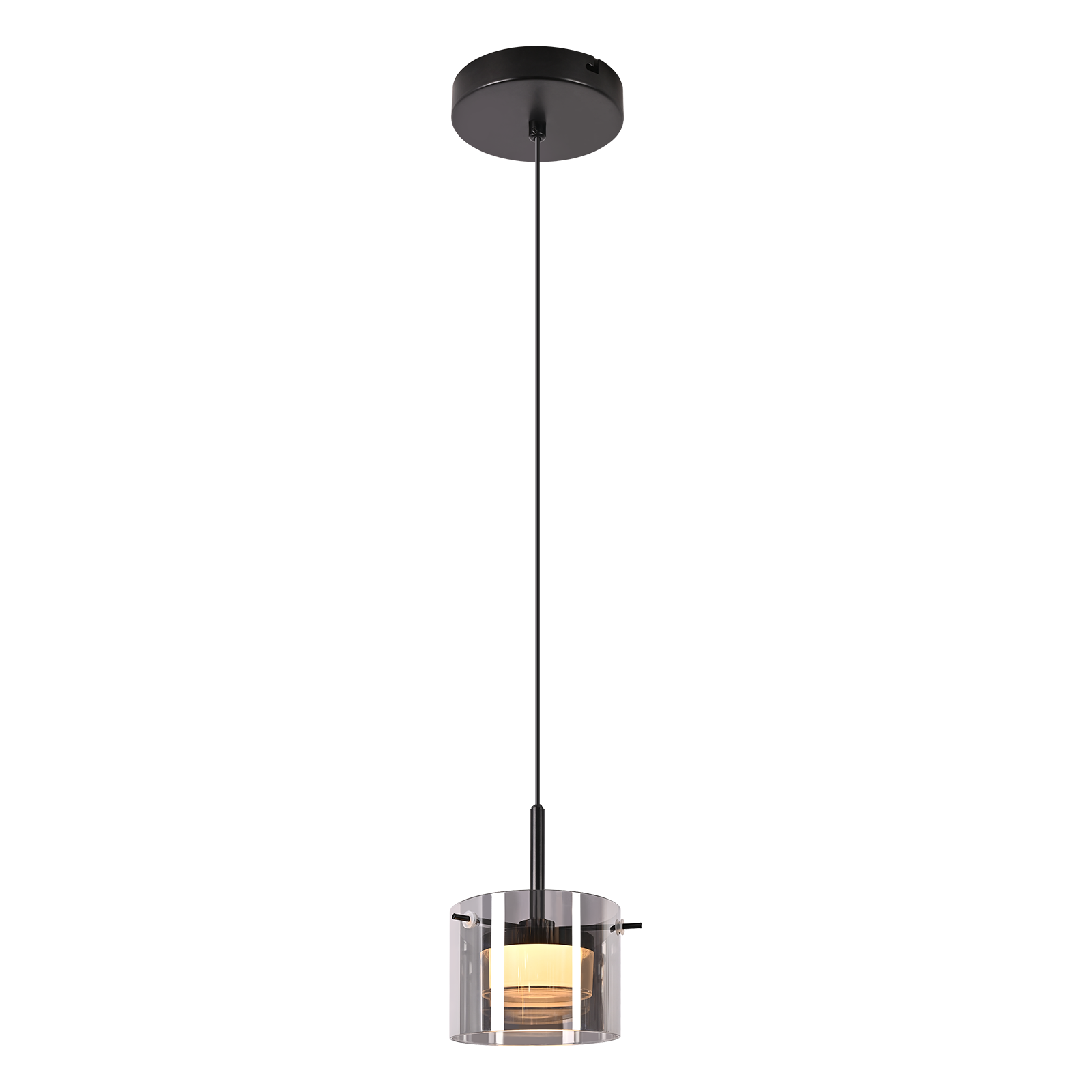 Lampada a sospensione nera con paralume cilindrico in vetro e nucleo illuminato.