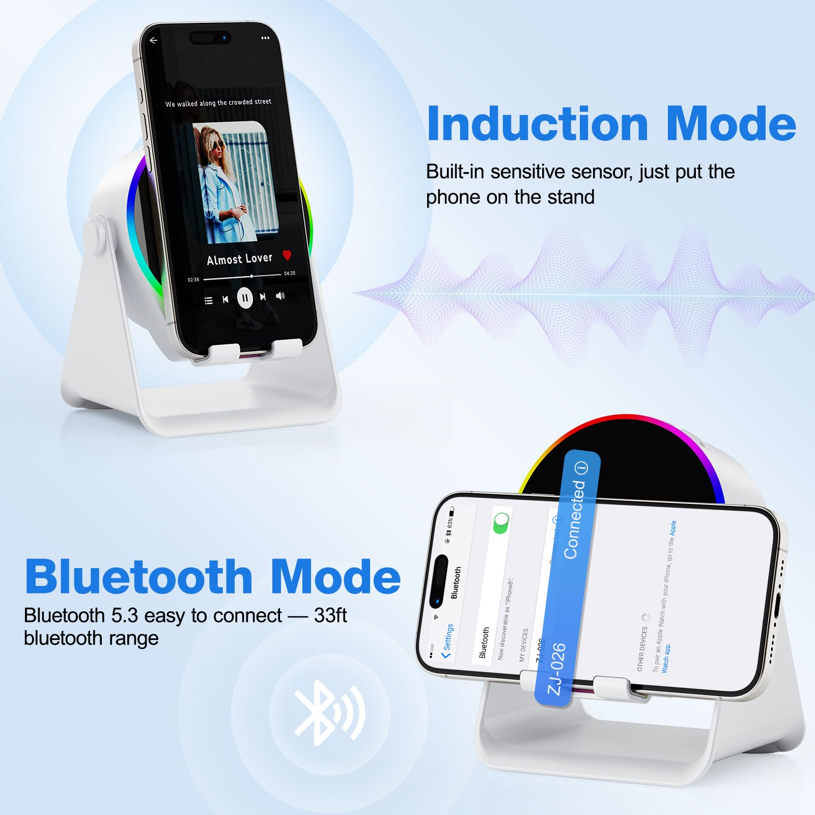 Ein Smartphone auf einem Ständer mit Bluetooth- und Induktionsmodus-Anzeigen.