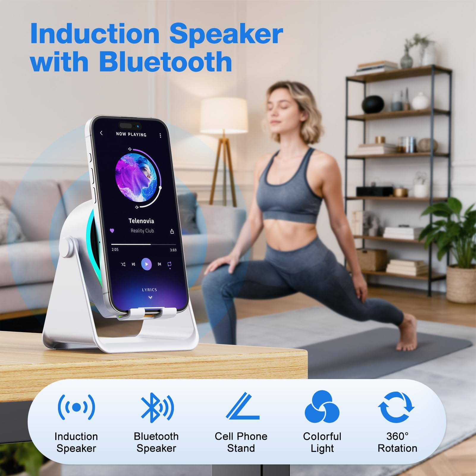 Ein weißer Induktionslautsprecher mit einem Handy, das Musik abspielt, und einer Frau, die Yoga macht.